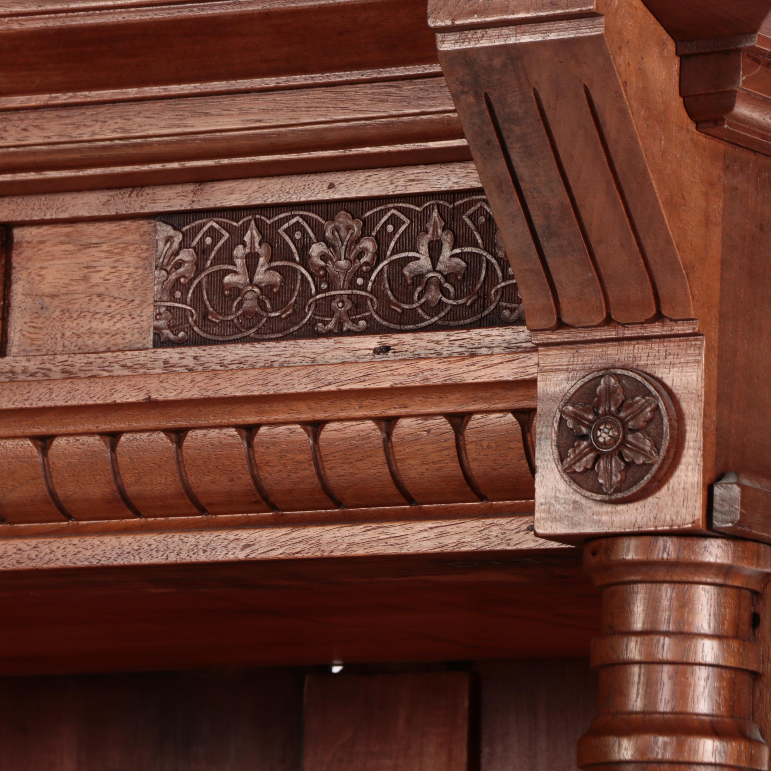 Victorian Carved Walnut and Burl Wood Cabinet Bookcase, 19th Century