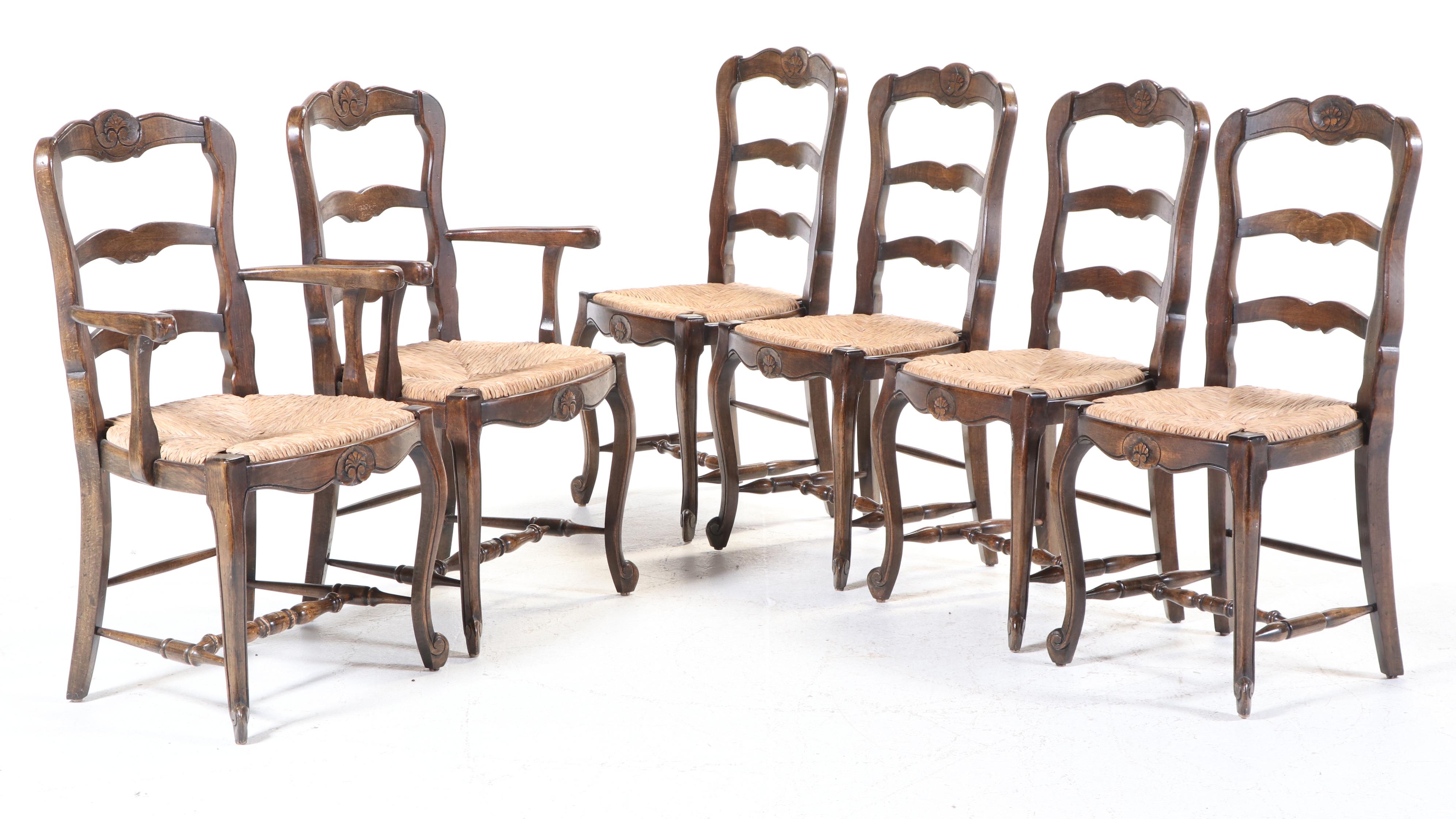 Seven-Piece Louis XV Style Oak, Beech, and Parquetry-Top Dining Set