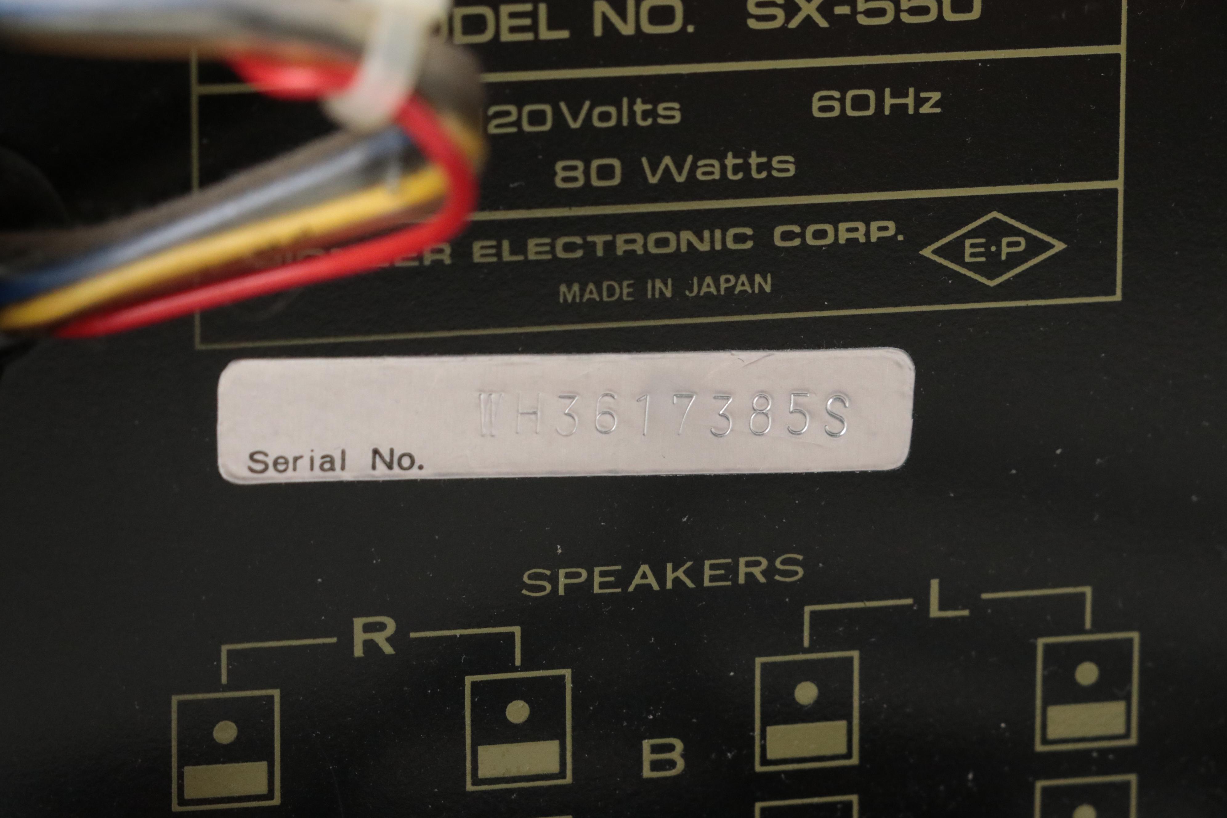 Pioneer Model SX-550 Stereo Receiver and Pinnacle PN-5+ Speakers, 1976–1978