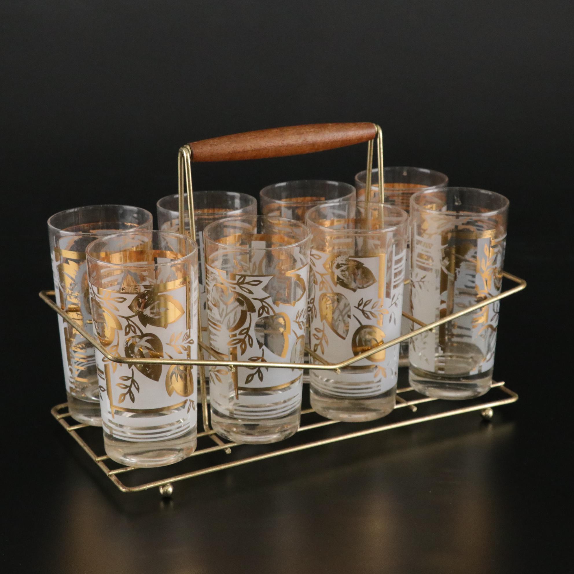 Mid Century Modern Gold Leaf Tumbler Set with Vogue Brass Candle Holder