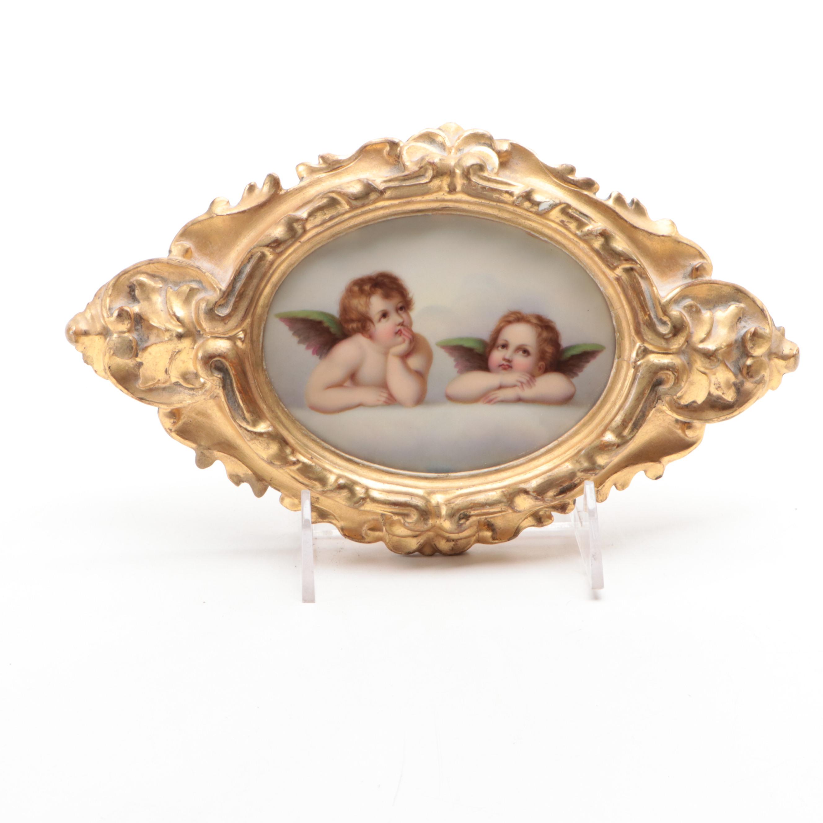 Framed German Hand-Painted Porcelain Queen Louise and Raphael's Cherubs Plaques