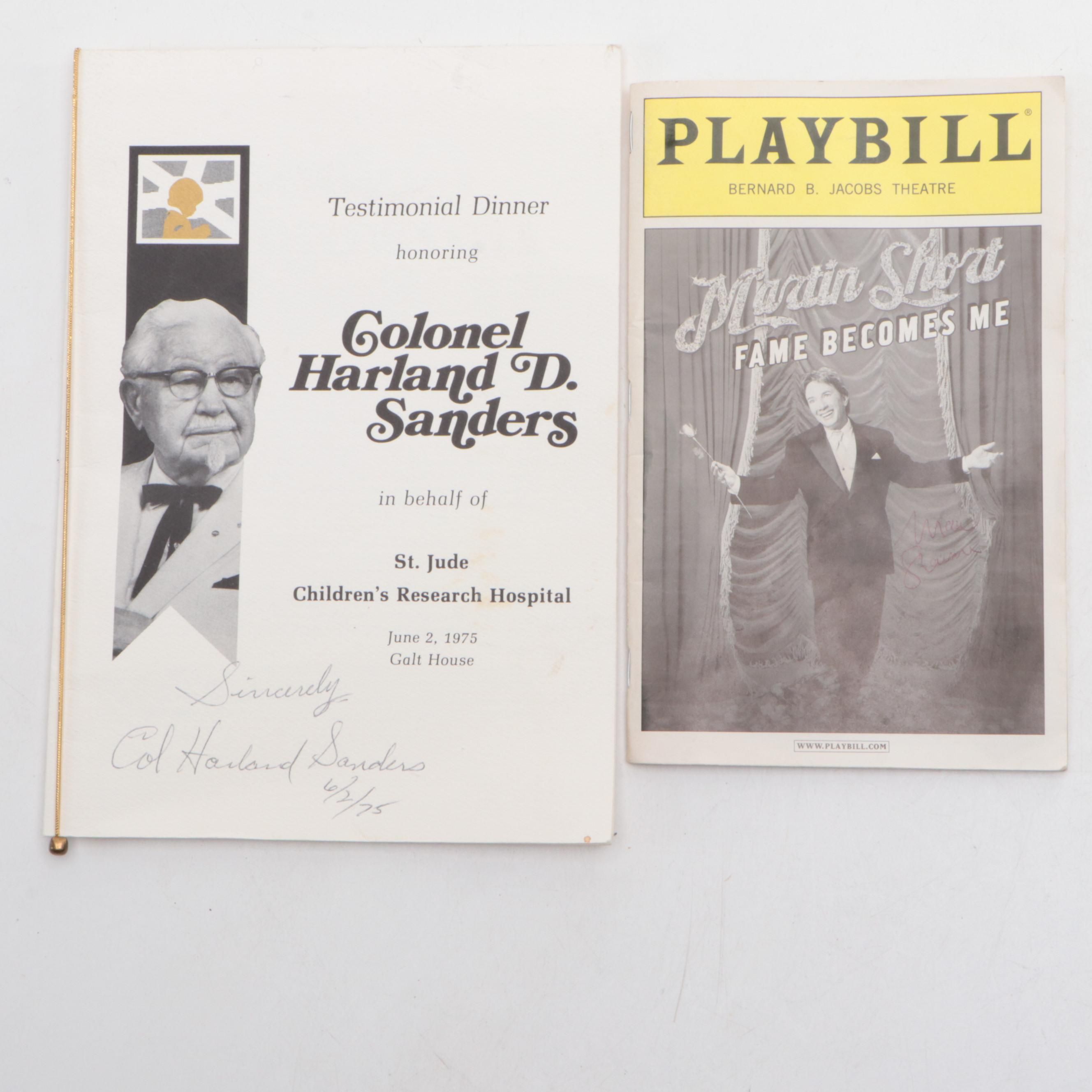 Signed Colonel Harland Sanders Menu and Signed Martin Short Playbill
