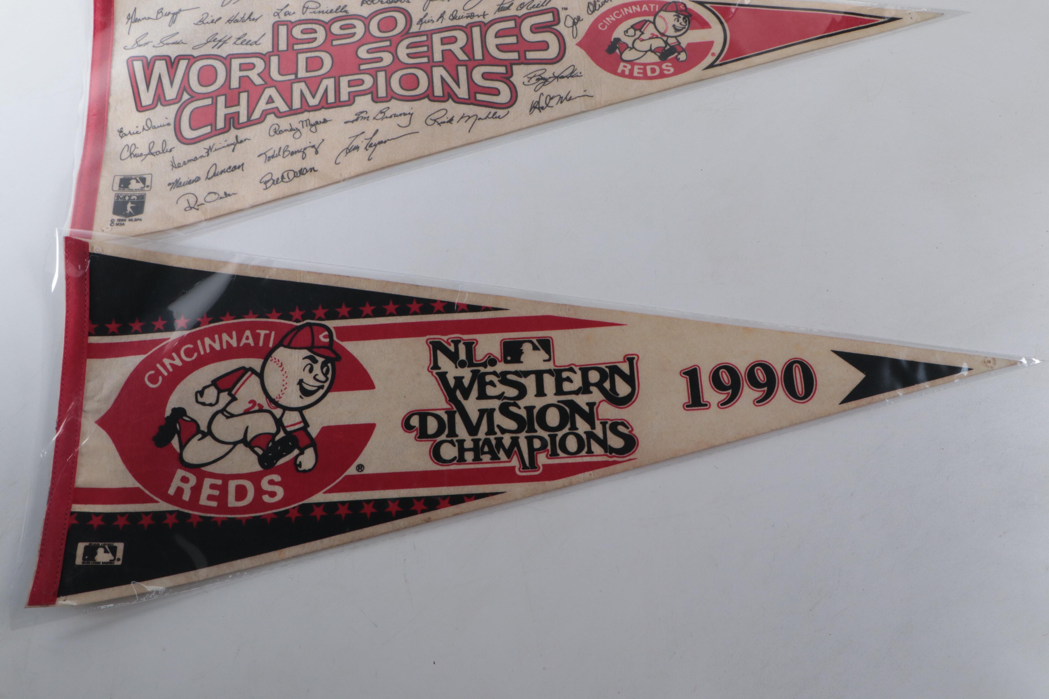 Barry Larkin Signed Rawlings Baseball with 1990 Cincinnati Reds Pennants