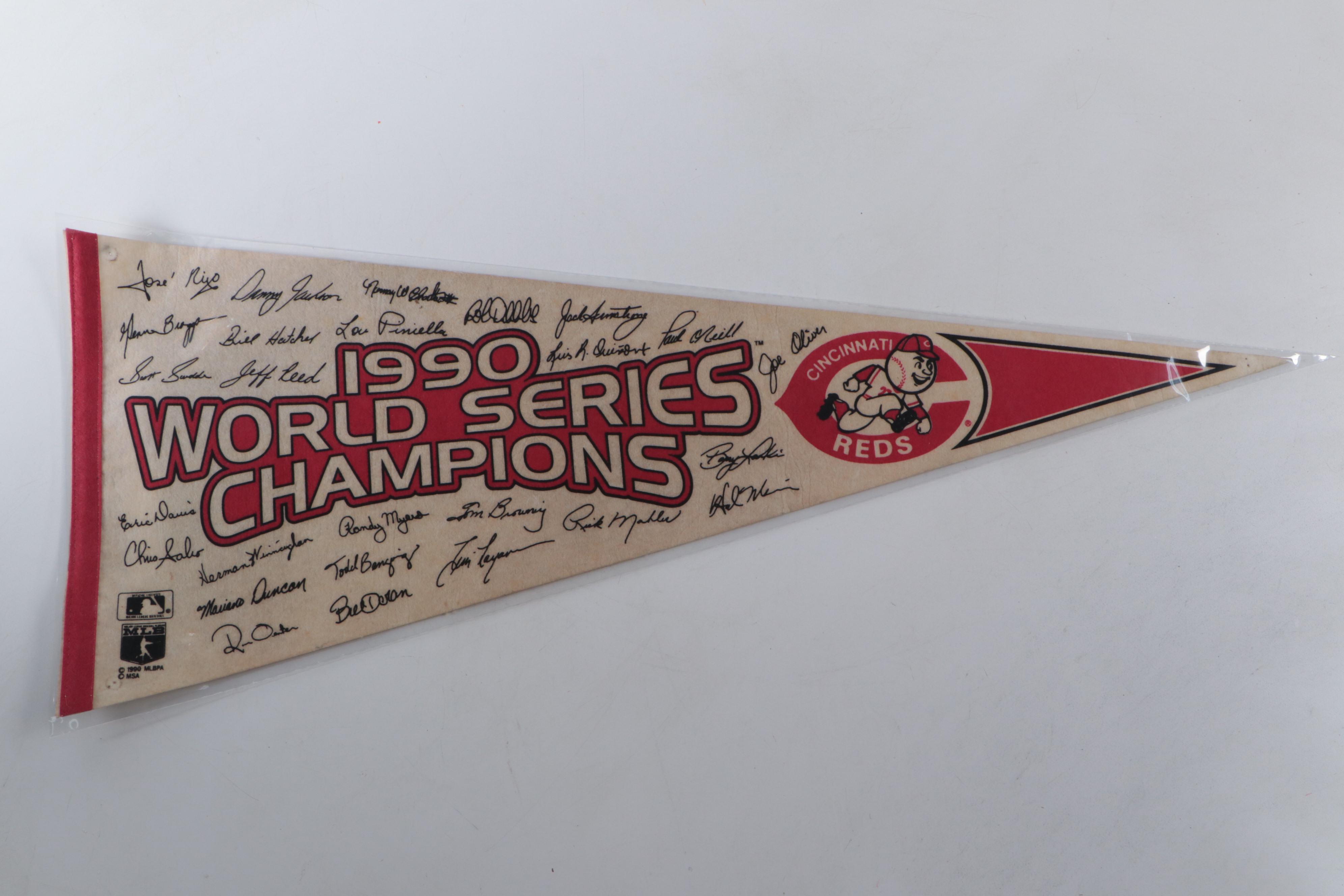 Barry Larkin Signed Rawlings Baseball with 1990 Cincinnati Reds Pennants