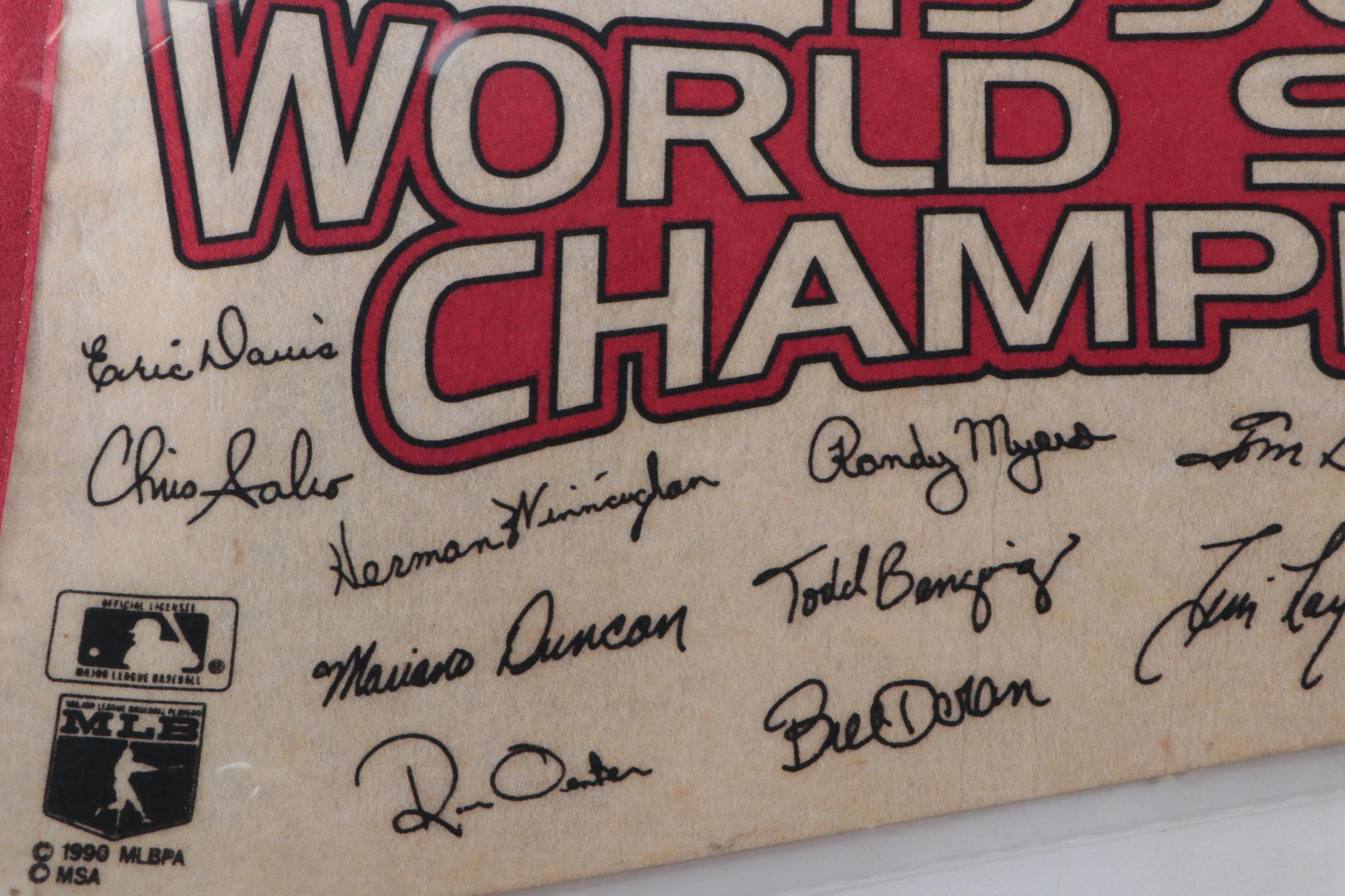 Barry Larkin Signed Rawlings Baseball with 1990 Cincinnati Reds Pennants