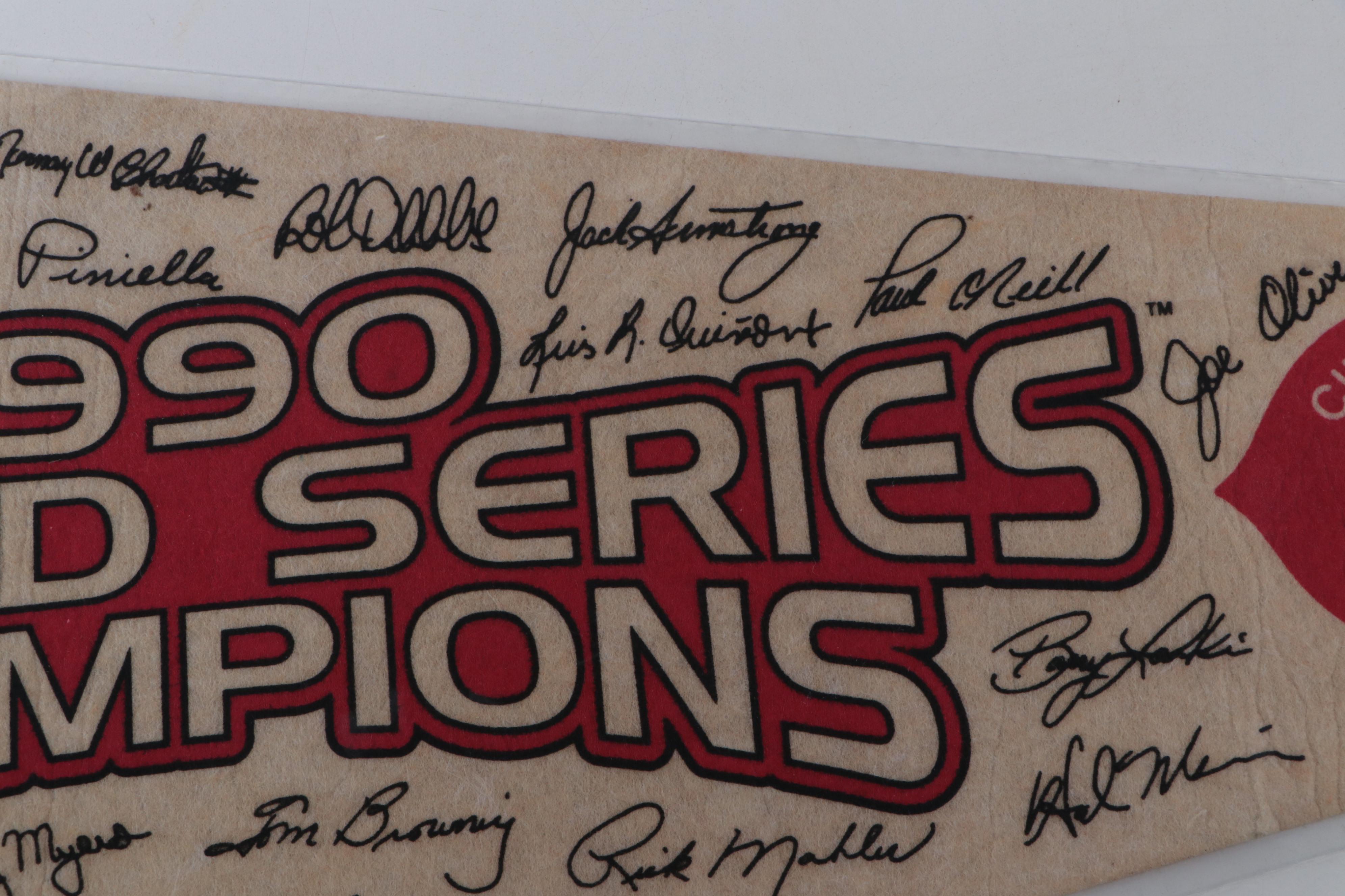 Barry Larkin Signed Rawlings Baseball with 1990 Cincinnati Reds Pennants