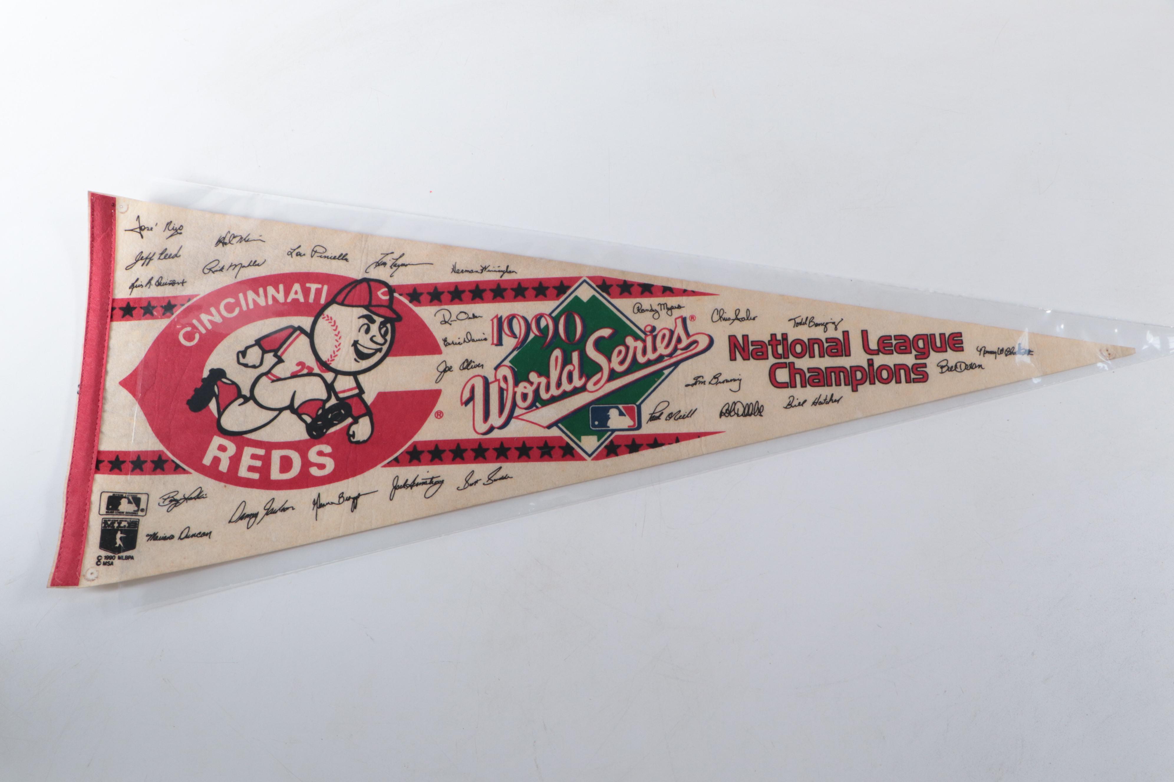 Barry Larkin Signed Rawlings Baseball with 1990 Cincinnati Reds Pennants