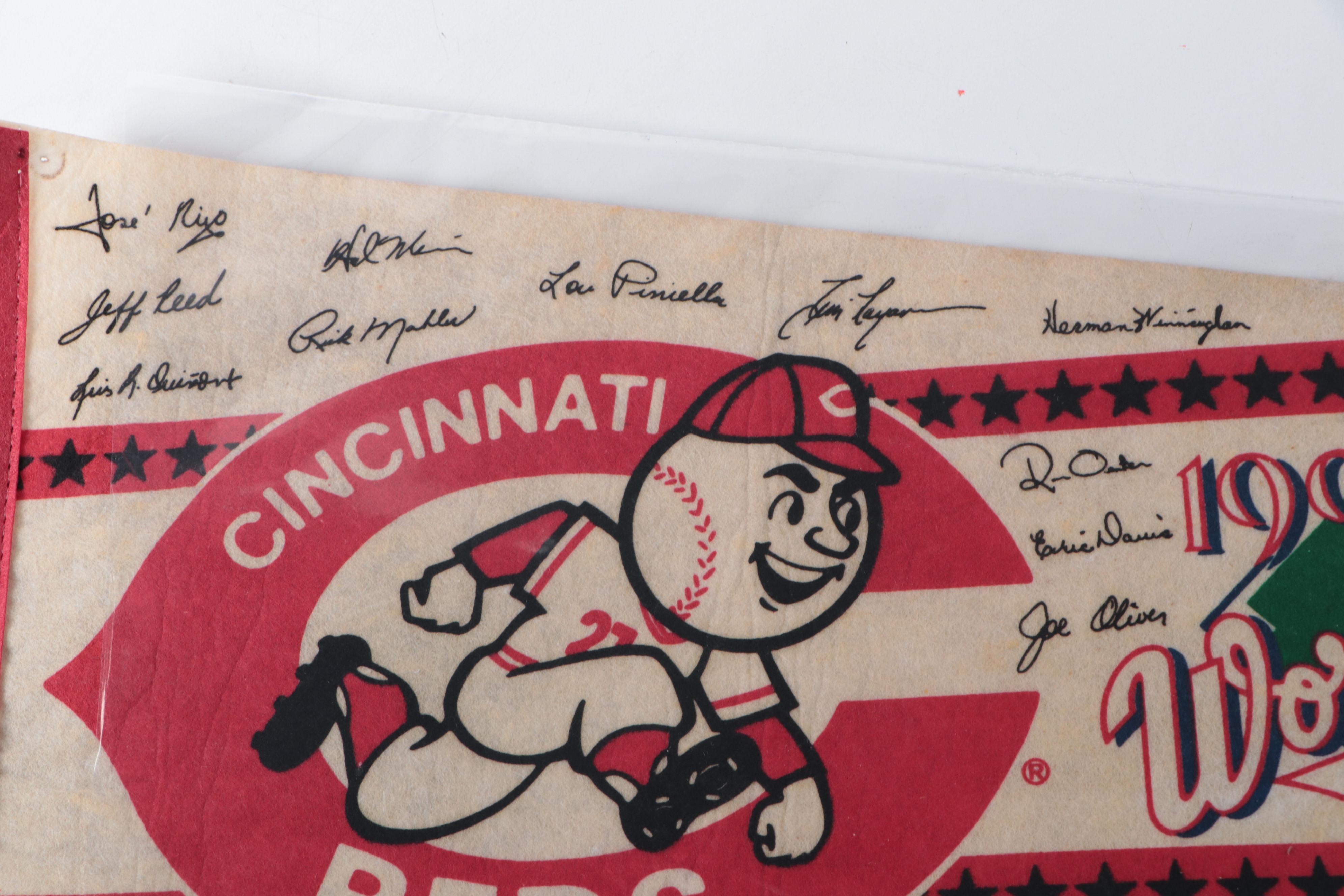 Barry Larkin Signed Rawlings Baseball with 1990 Cincinnati Reds Pennants