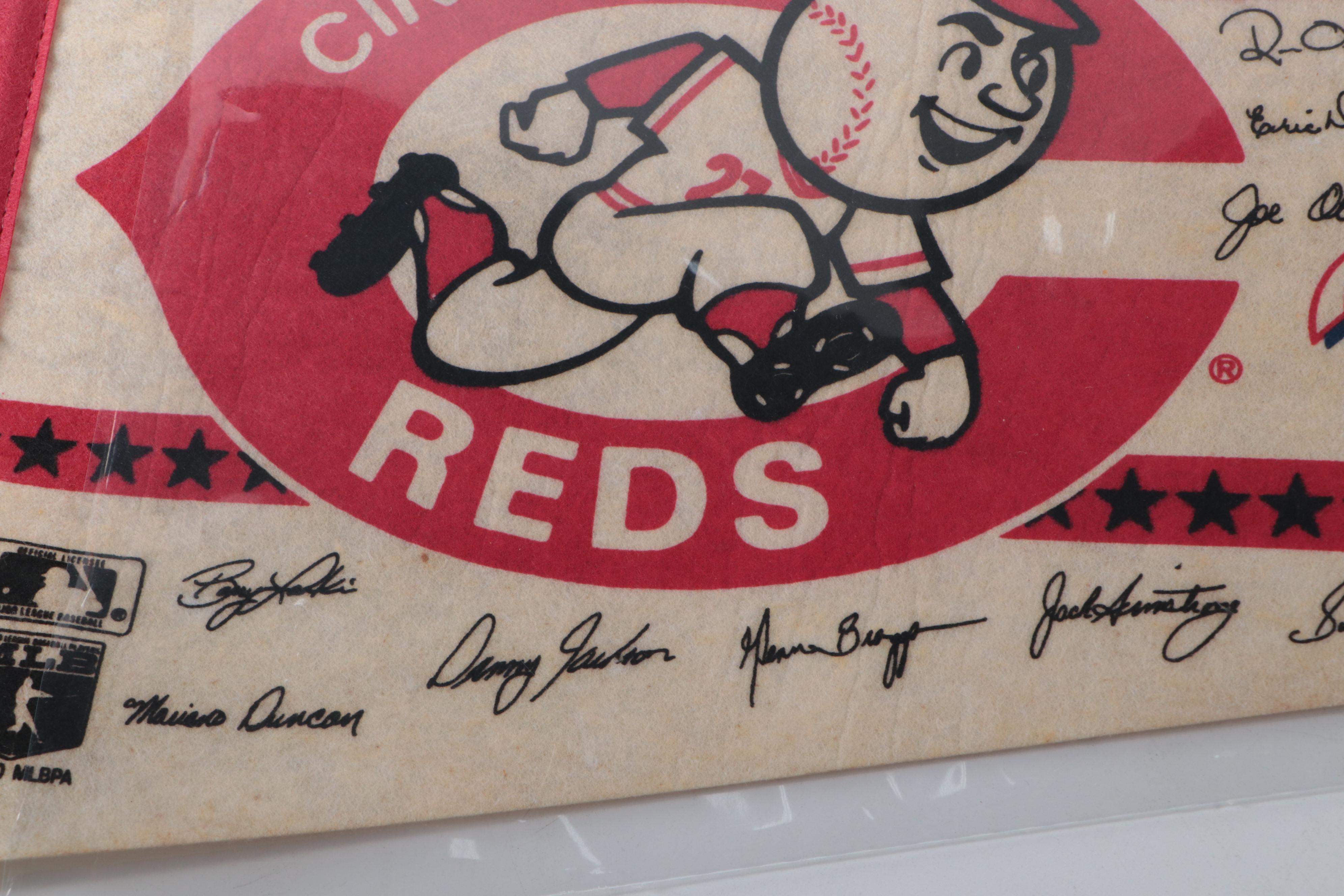 Barry Larkin Signed Rawlings Baseball with 1990 Cincinnati Reds Pennants