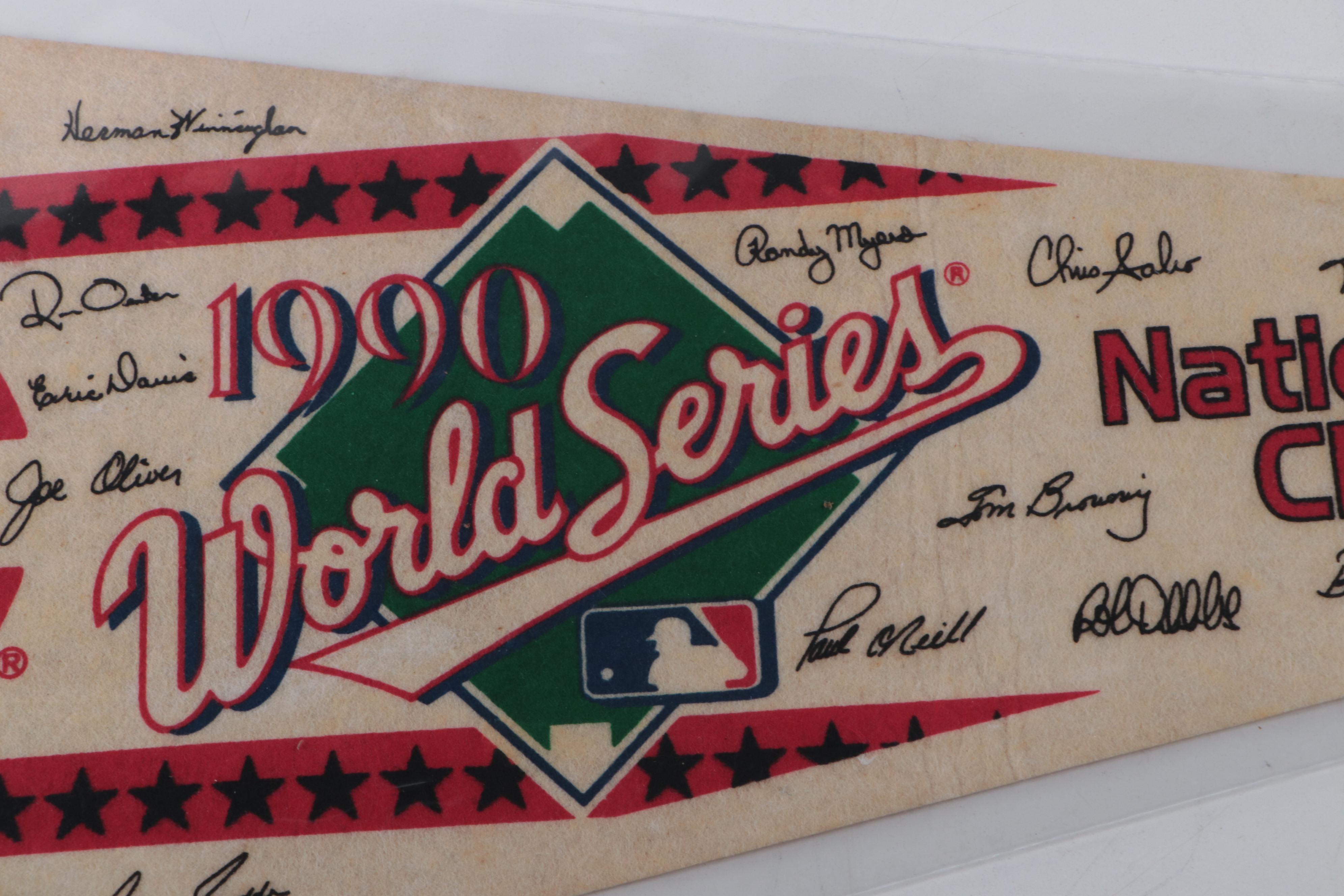 Barry Larkin Signed Rawlings Baseball with 1990 Cincinnati Reds Pennants