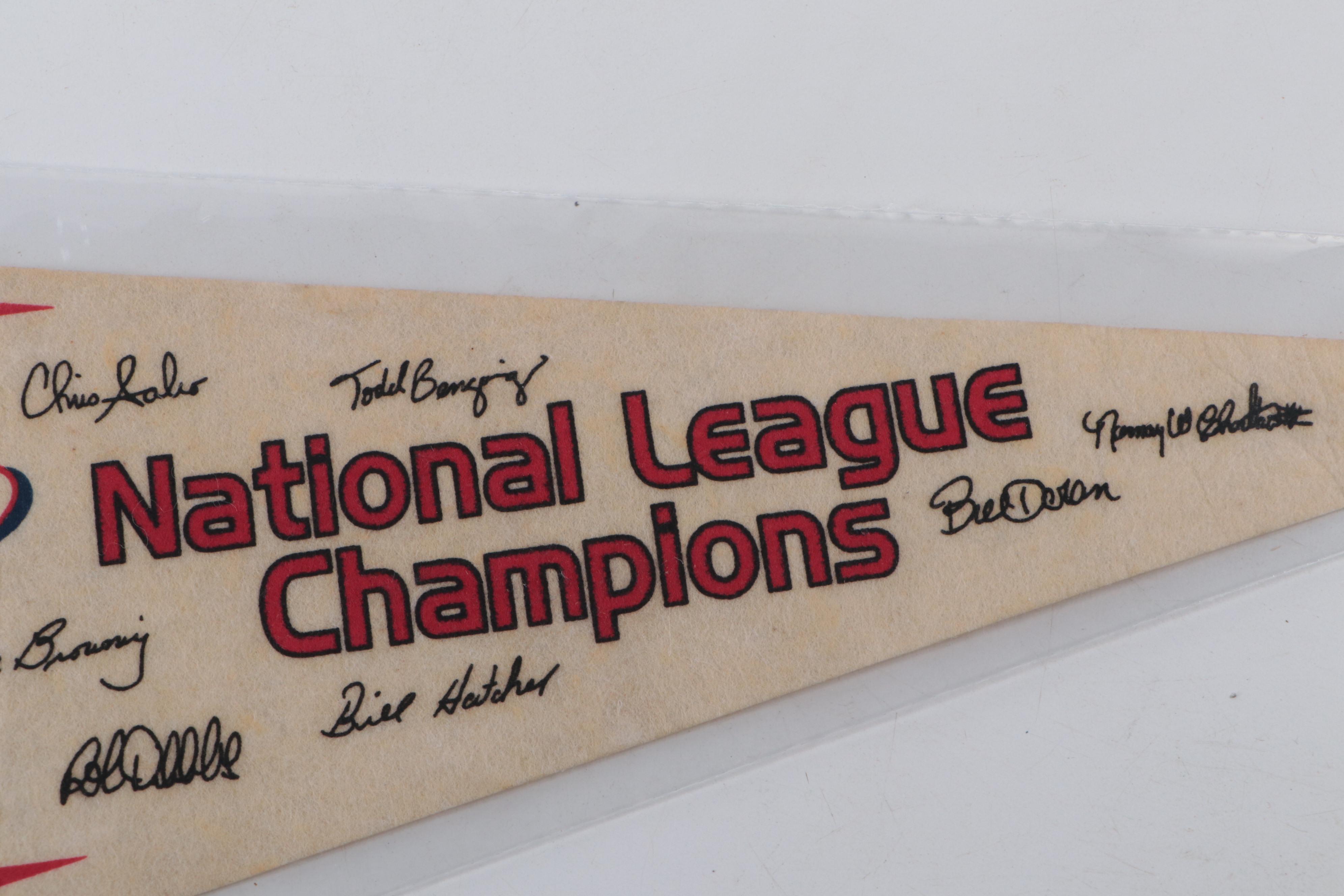 Barry Larkin Signed Rawlings Baseball with 1990 Cincinnati Reds Pennants