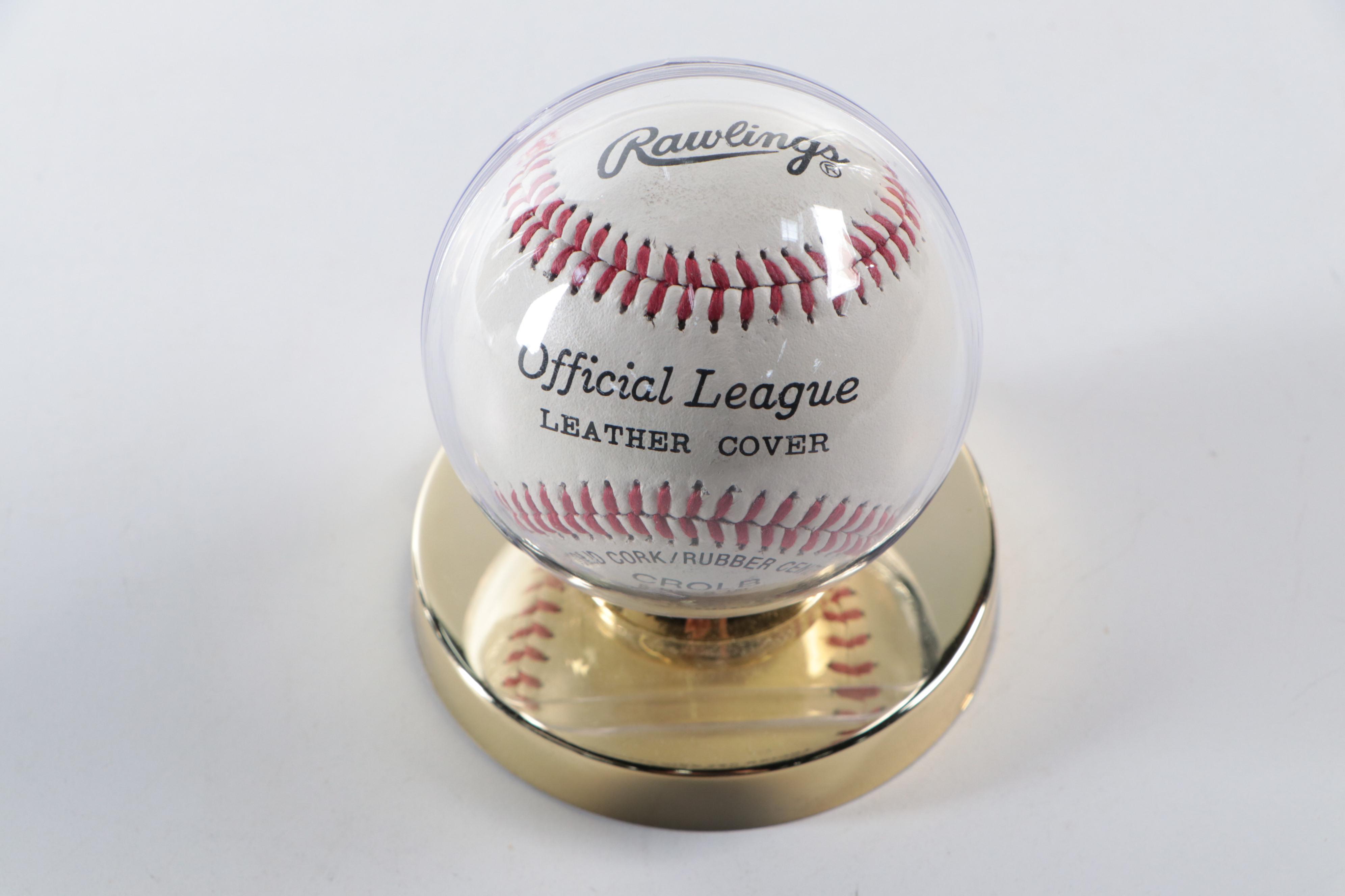 Barry Larkin Signed Rawlings Baseball with 1990 Cincinnati Reds Pennants