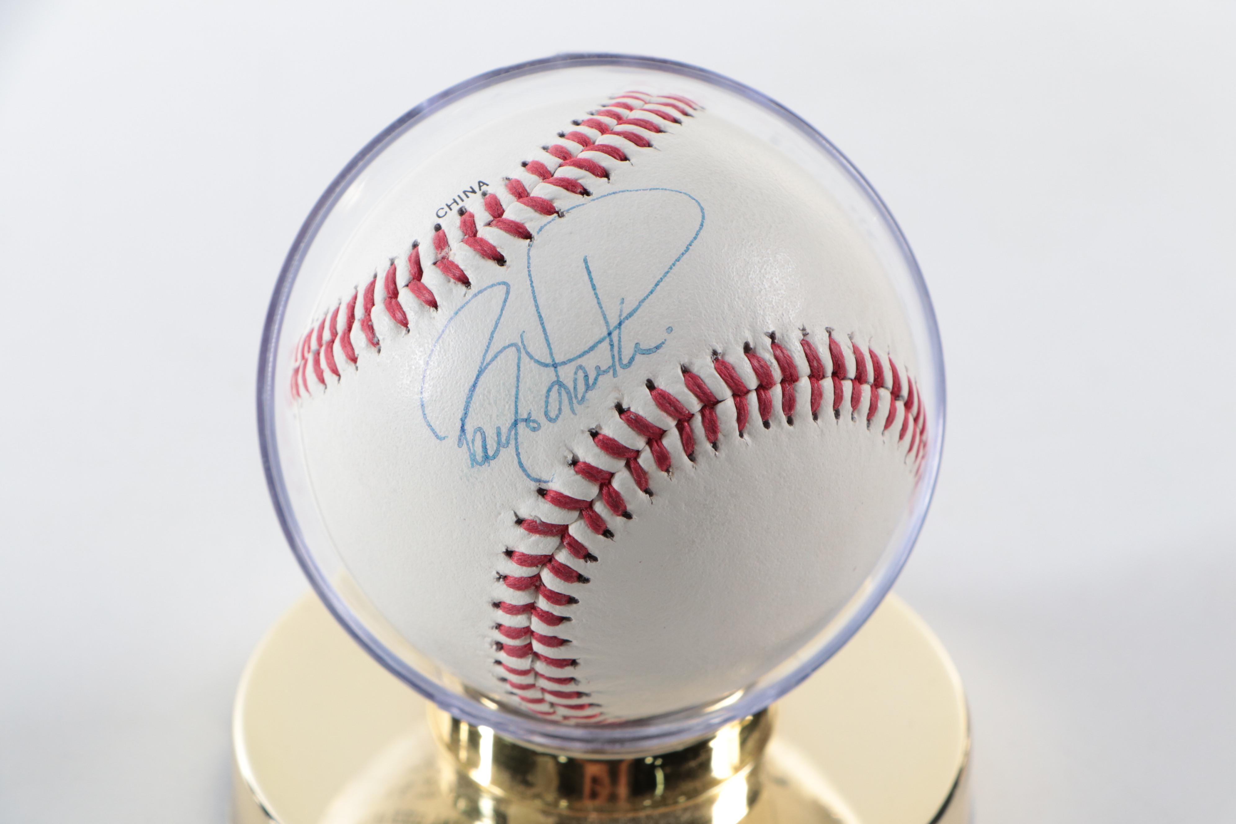 Barry Larkin Signed Rawlings Baseball with 1990 Cincinnati Reds Pennants