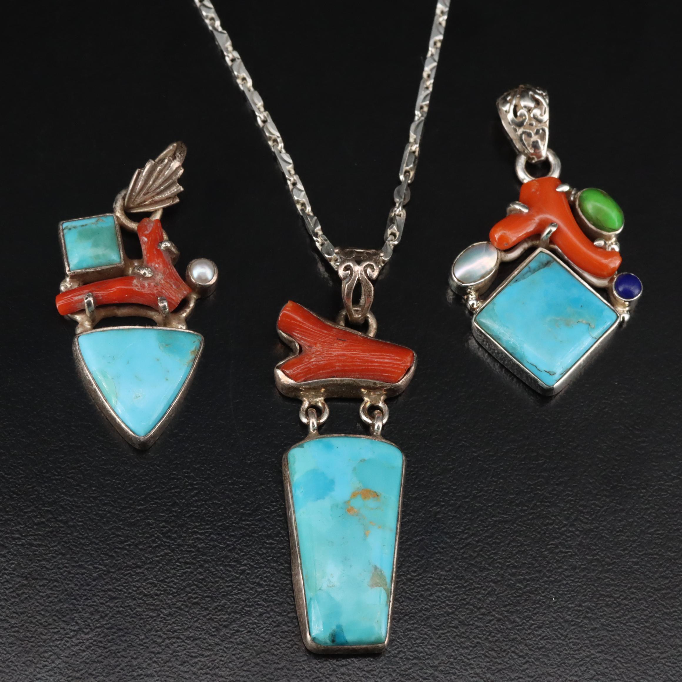 Sterling Turquoise, Coral and Gemstone Pendants and Necklace
