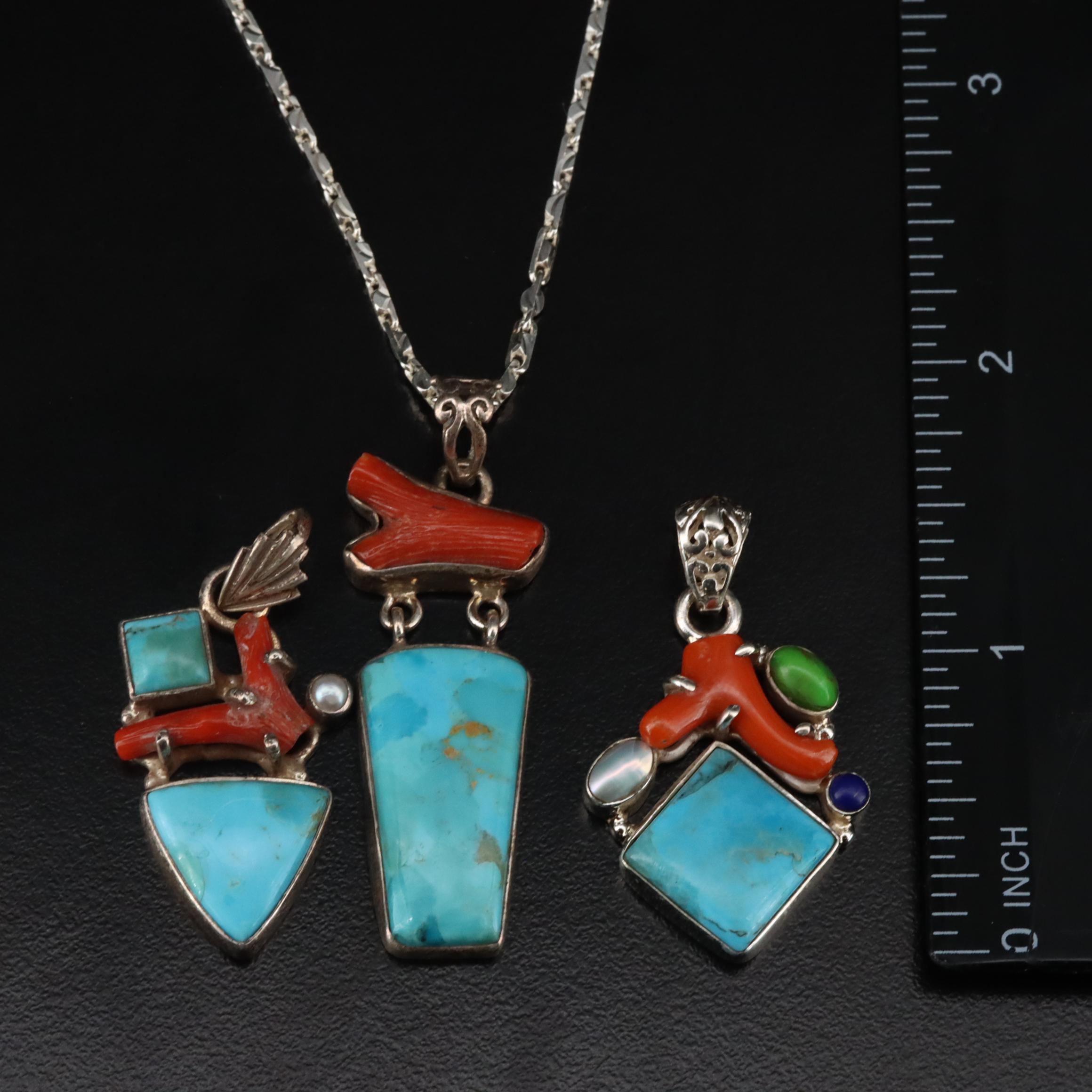 Sterling Turquoise, Coral and Gemstone Pendants and Necklace
