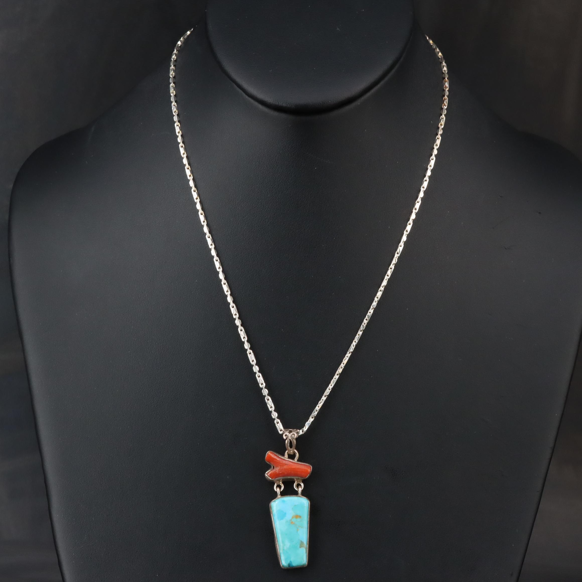 Sterling Turquoise, Coral and Gemstone Pendants and Necklace