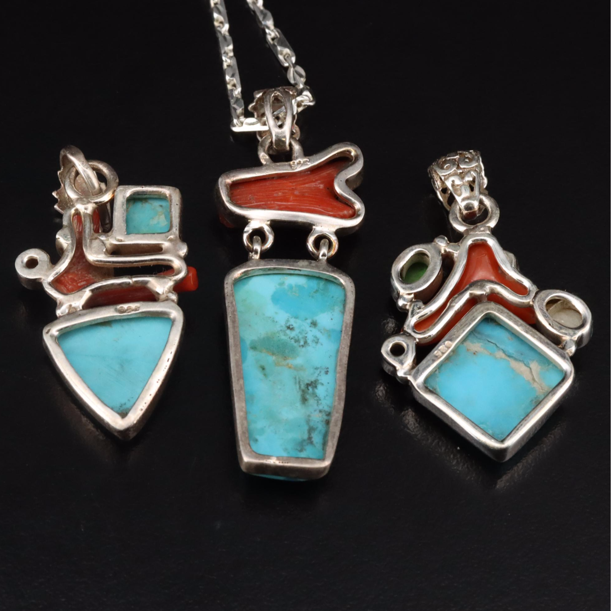 Sterling Turquoise, Coral and Gemstone Pendants and Necklace