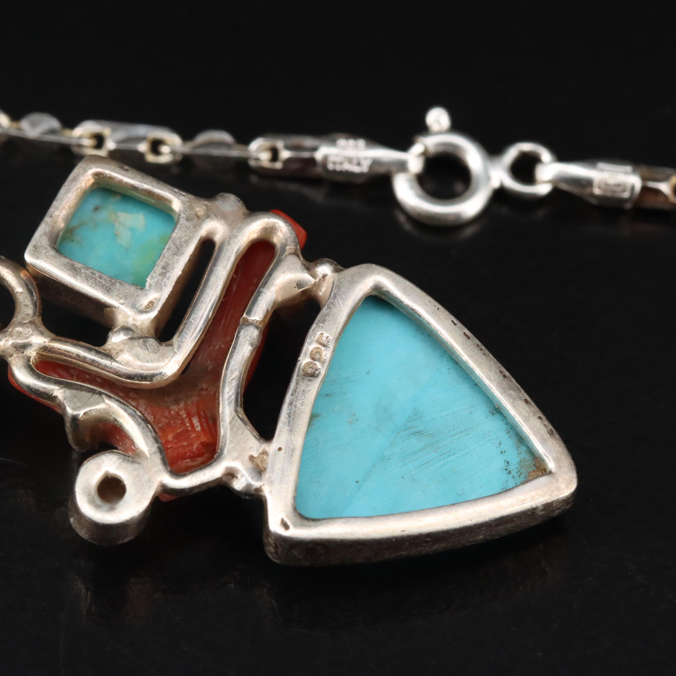 Sterling Turquoise, Coral and Gemstone Pendants and Necklace