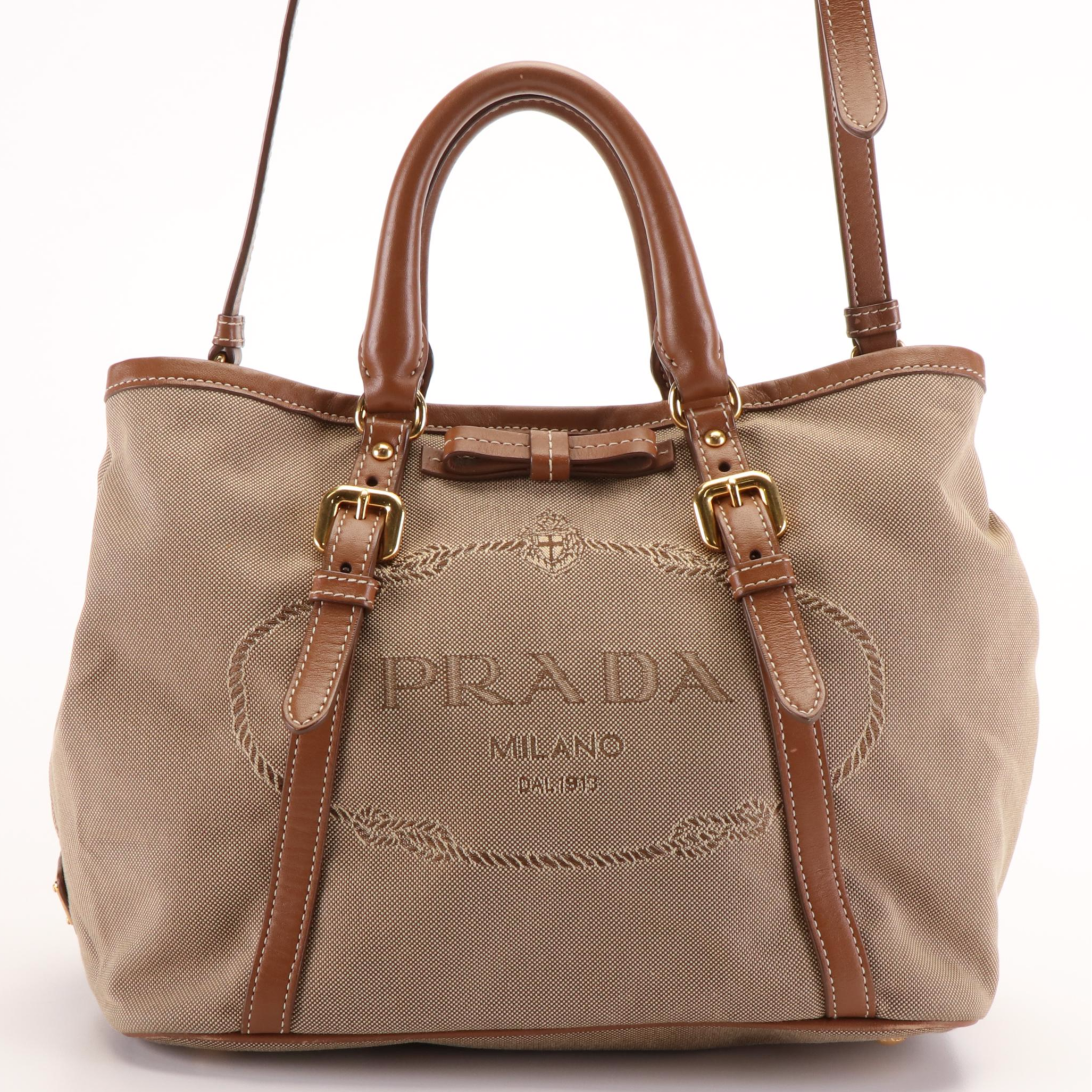 Prada Canapa Logo Satchel in Light Brown Jacquard Canvas and Leather
