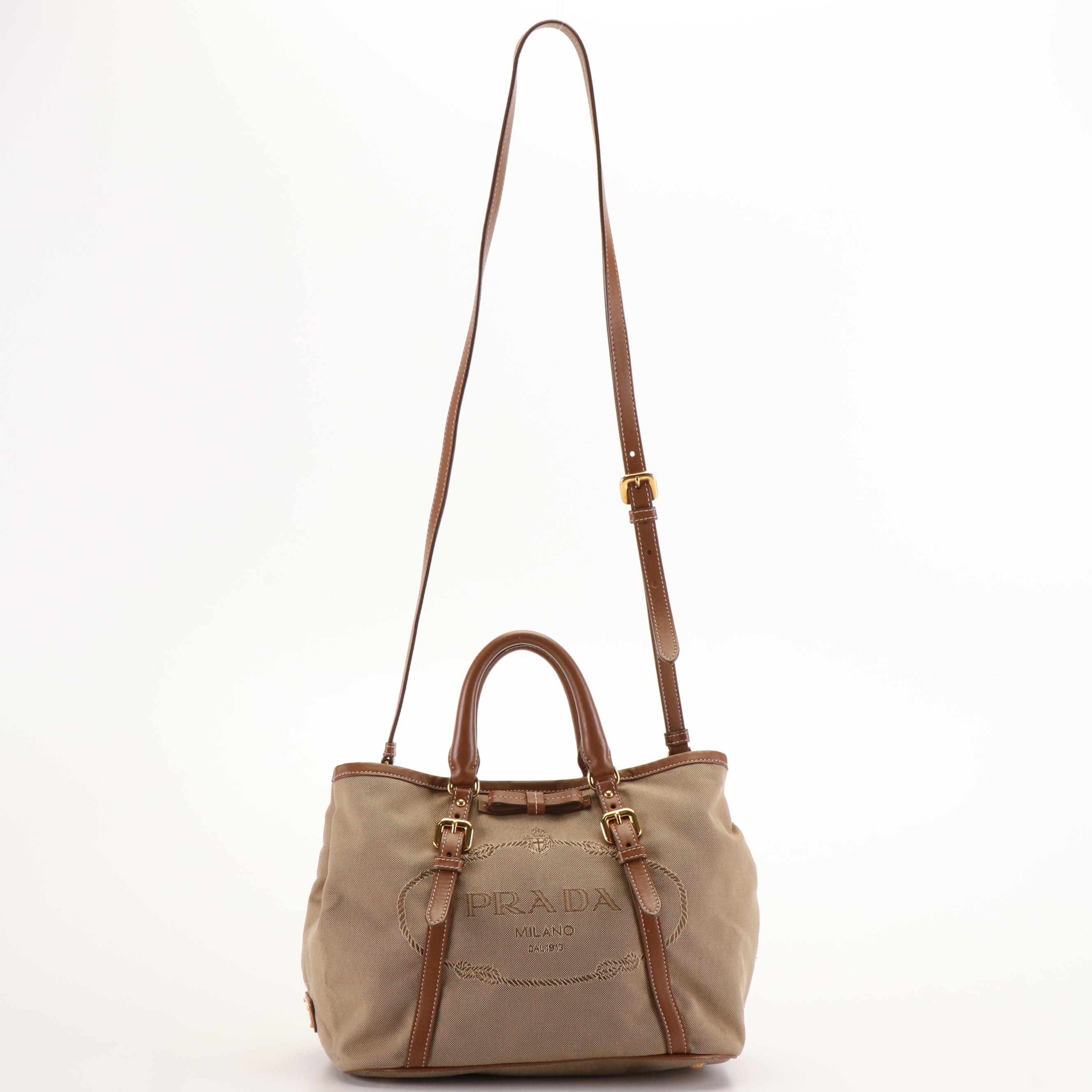 Prada Canapa Logo Satchel in Light Brown Jacquard Canvas and Leather