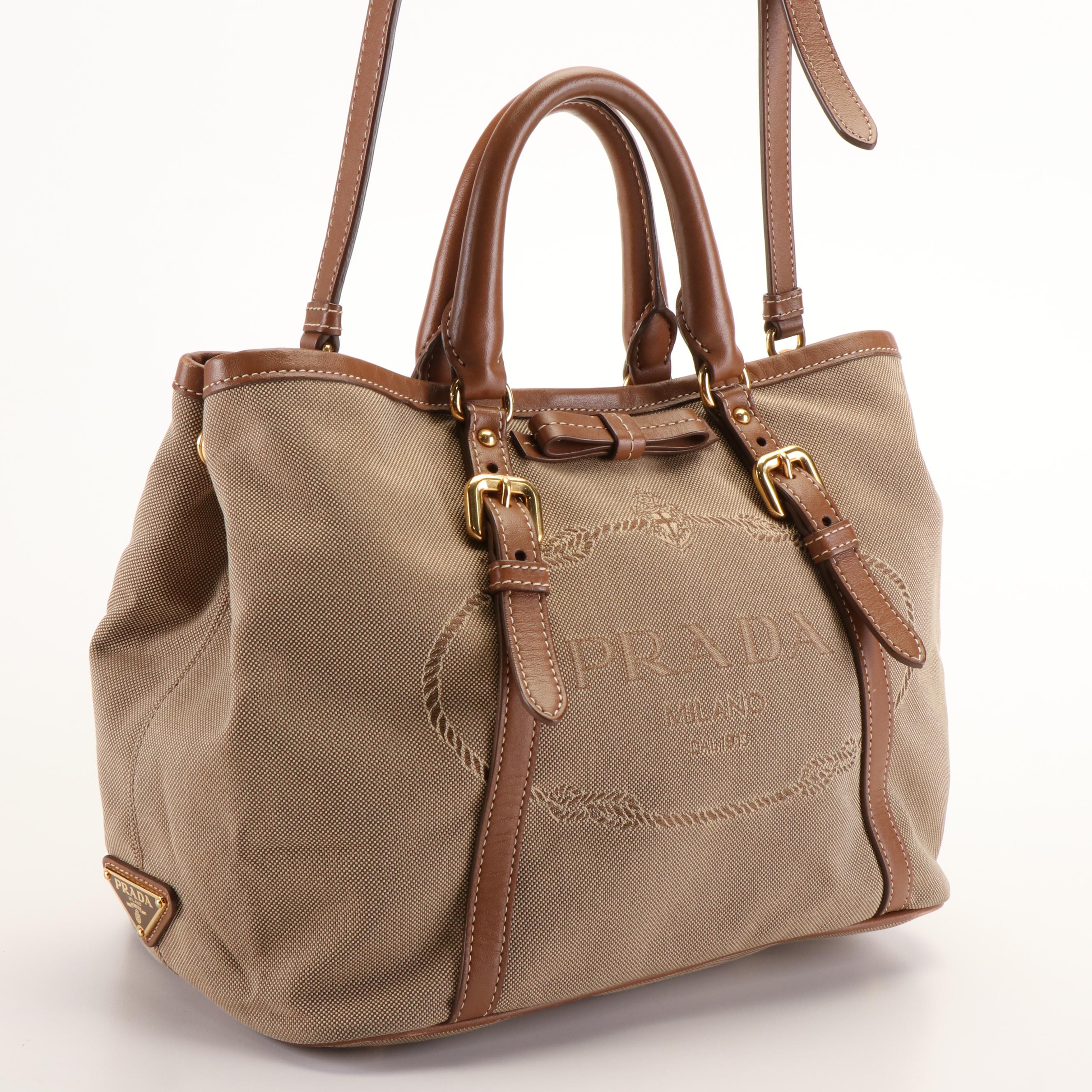 Prada Canapa Logo Satchel in Light Brown Jacquard Canvas and Leather