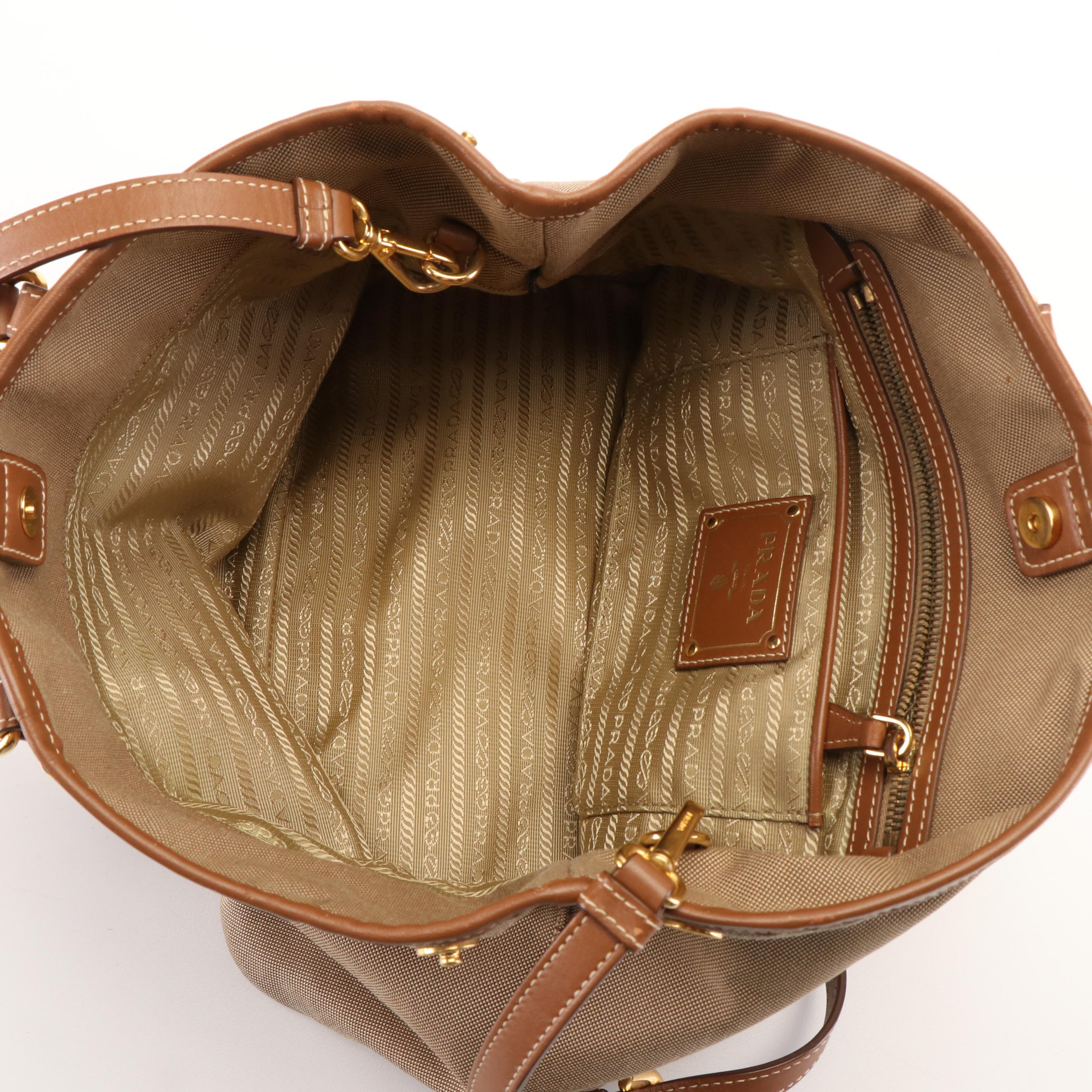 Prada Canapa Logo Satchel in Light Brown Jacquard Canvas and Leather
