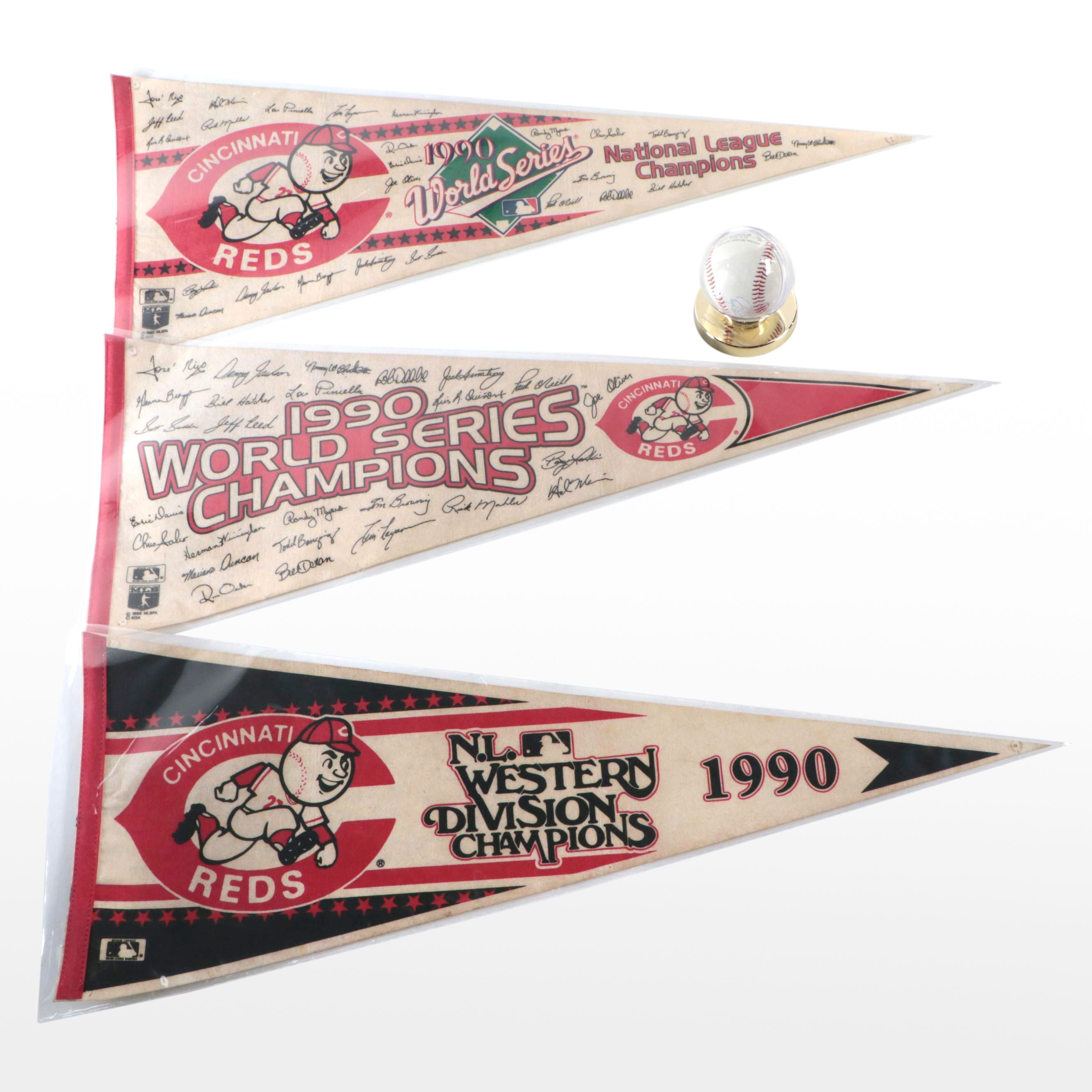 Barry Larkin Signed Rawlings Baseball with 1990 Cincinnati Reds Pennants