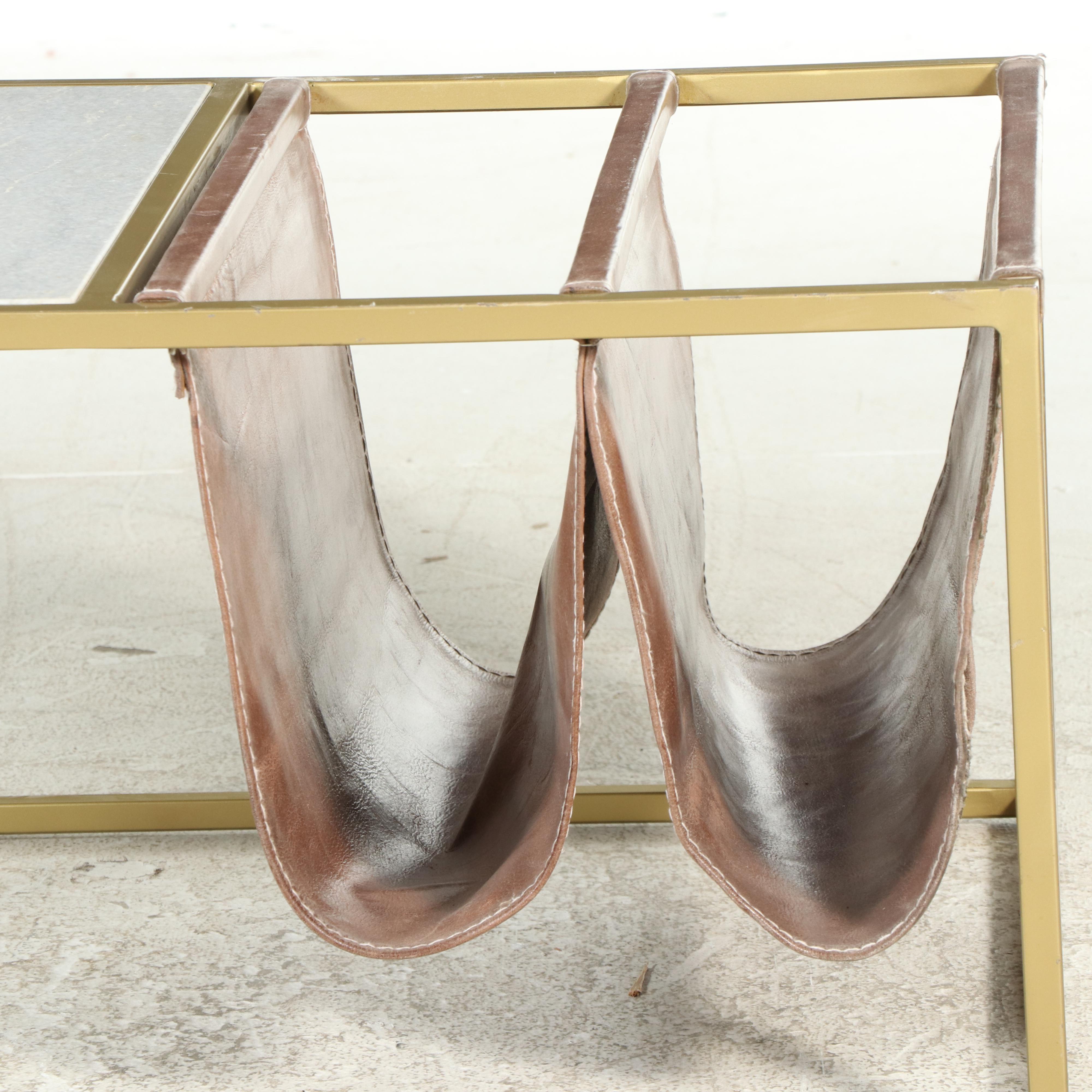 Modernist Gold Tone Metal and Marble Table with Leather Double Magazine Rack
