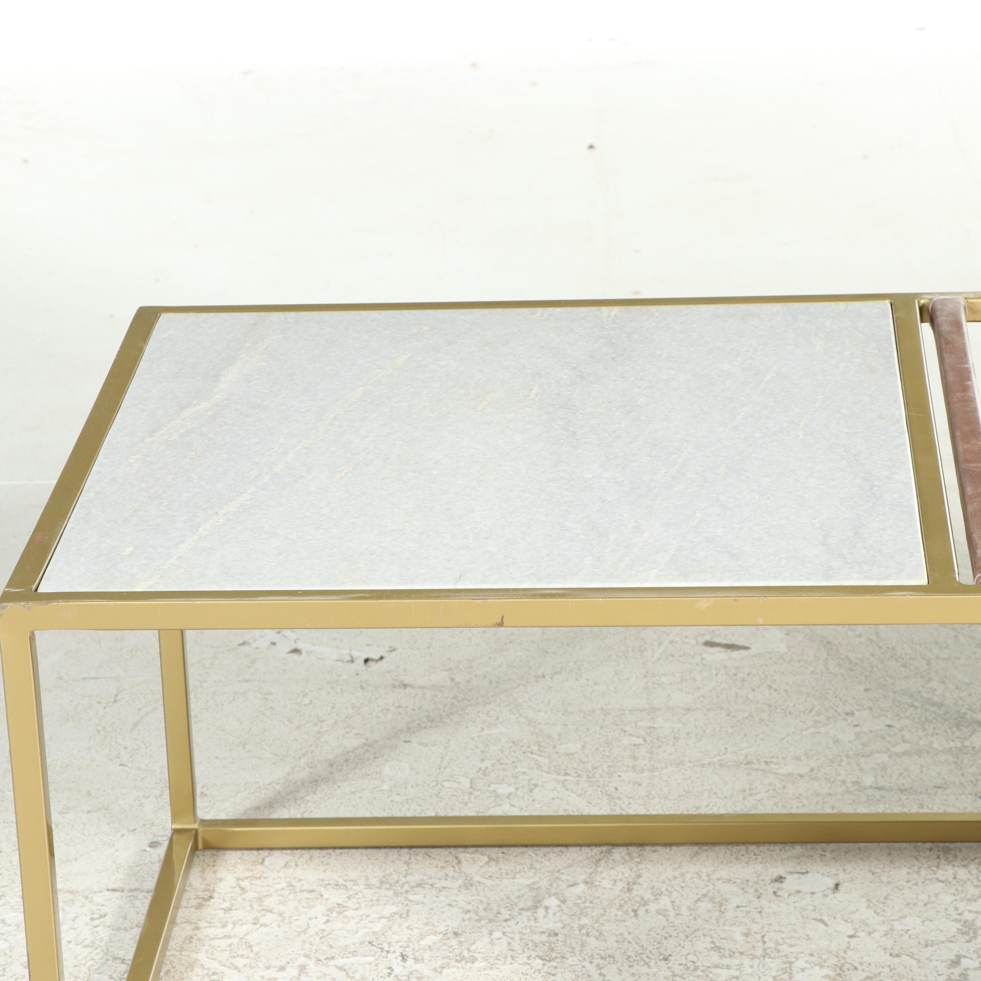 Modernist Gold Tone Metal and Marble Table with Leather Double Magazine Rack
