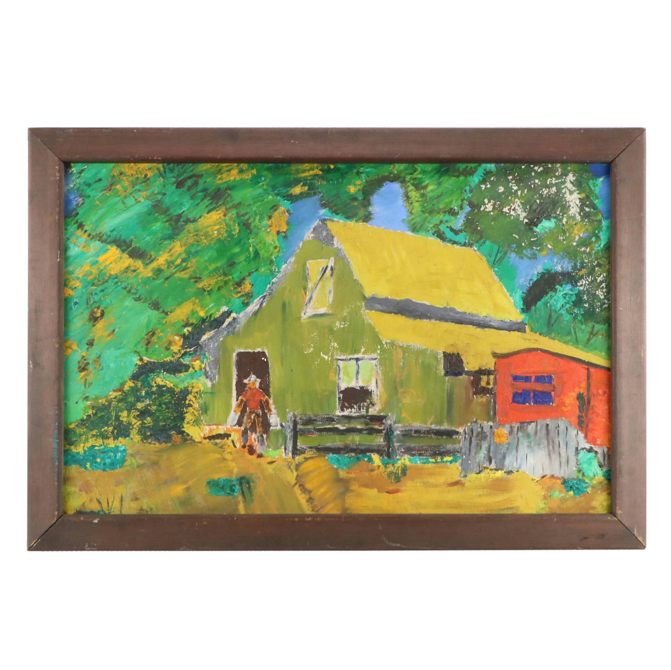 Folk Art Oil Painting of Figure in Farm Scene