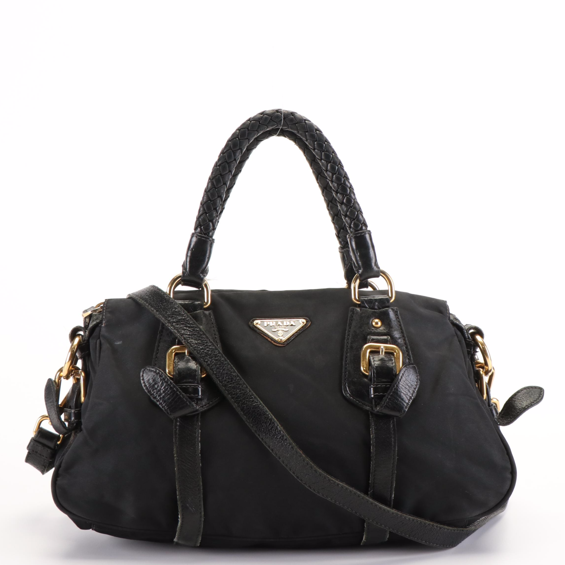 Prada Tessuto Nylon Convertible Handbag with Nappa Leather Braided Handle