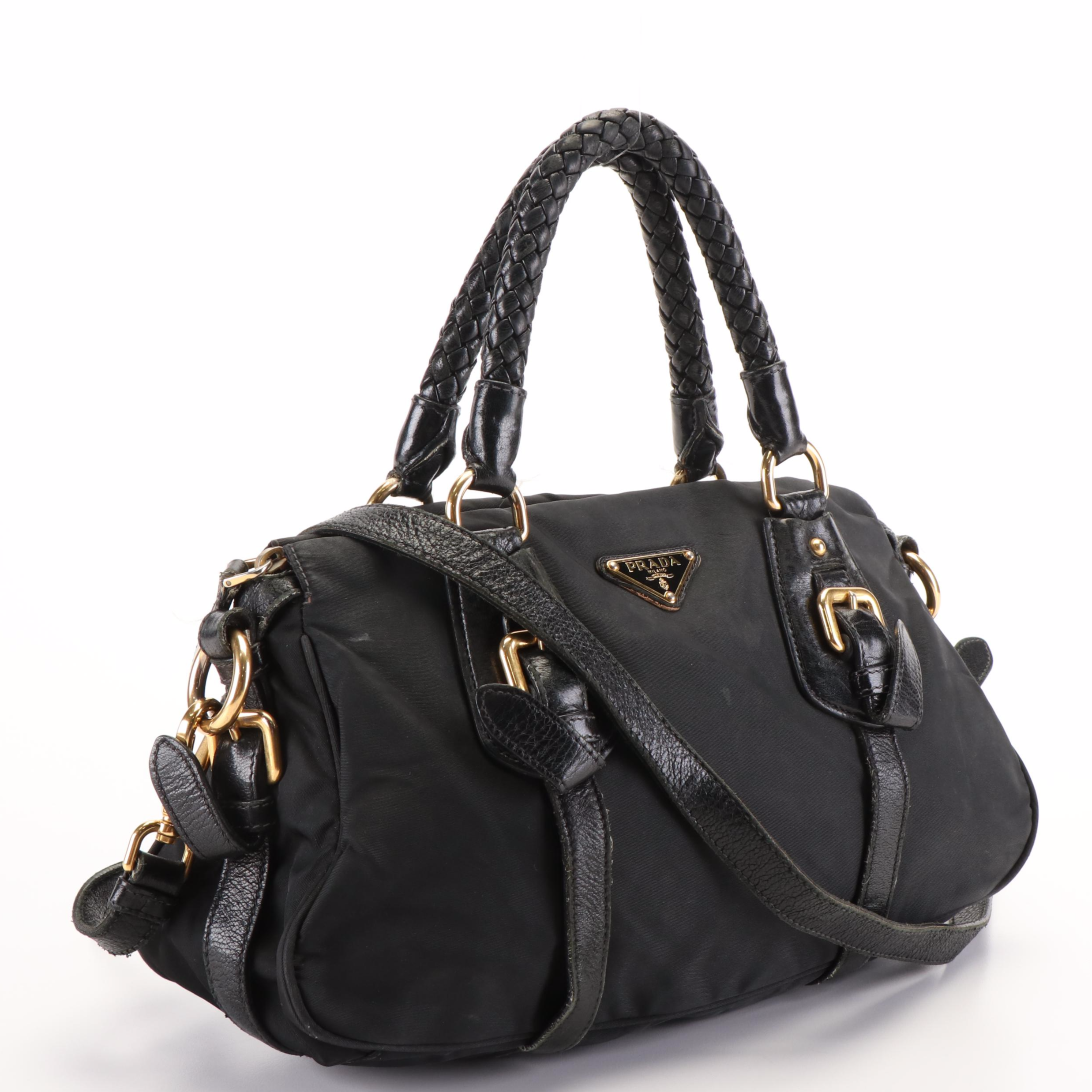 Prada Tessuto Nylon Convertible Handbag with Nappa Leather Braided Handle