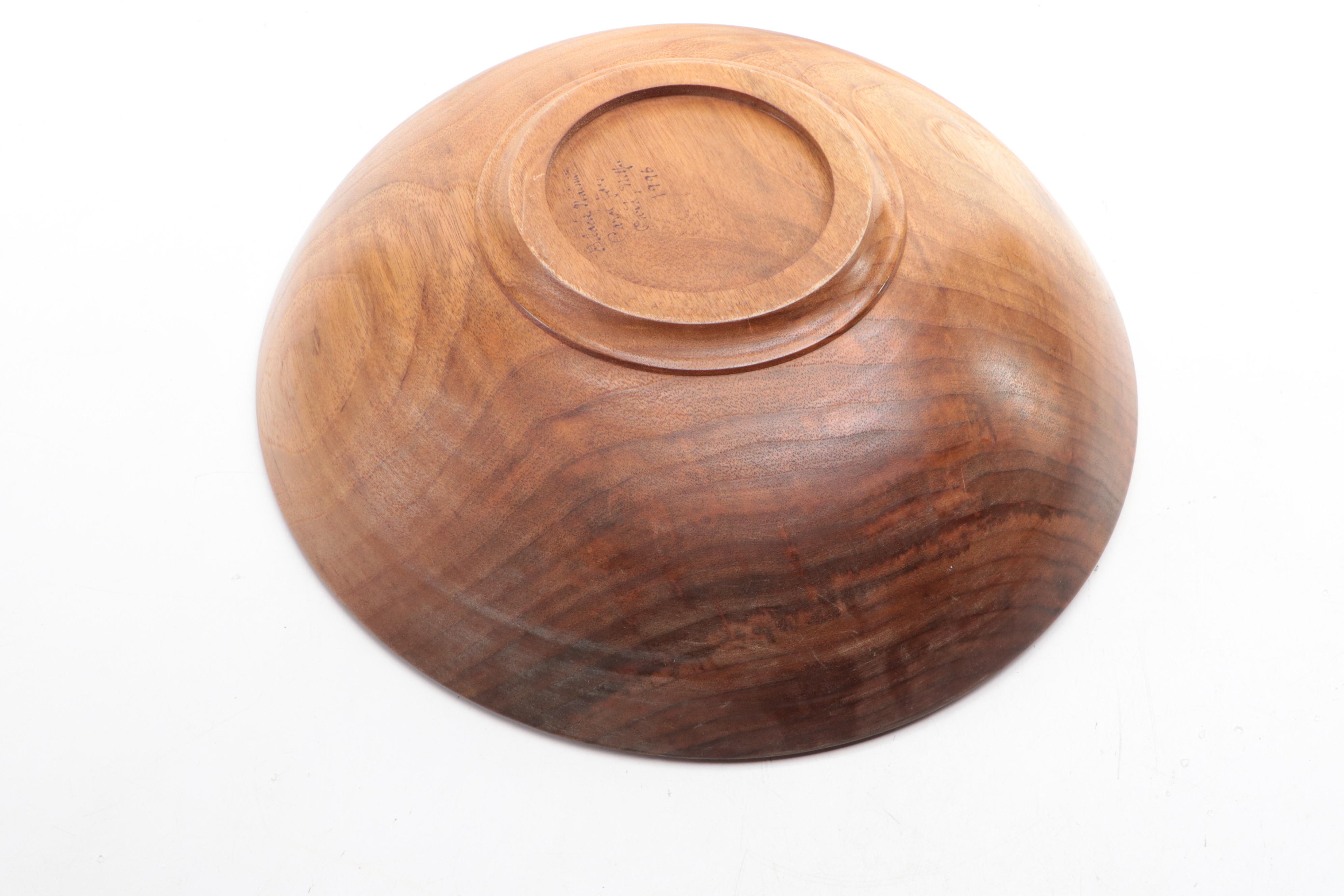 Carol Joos Signed Hand-Carved Walnut Bowl with More Wood Bowls and Walking Stick