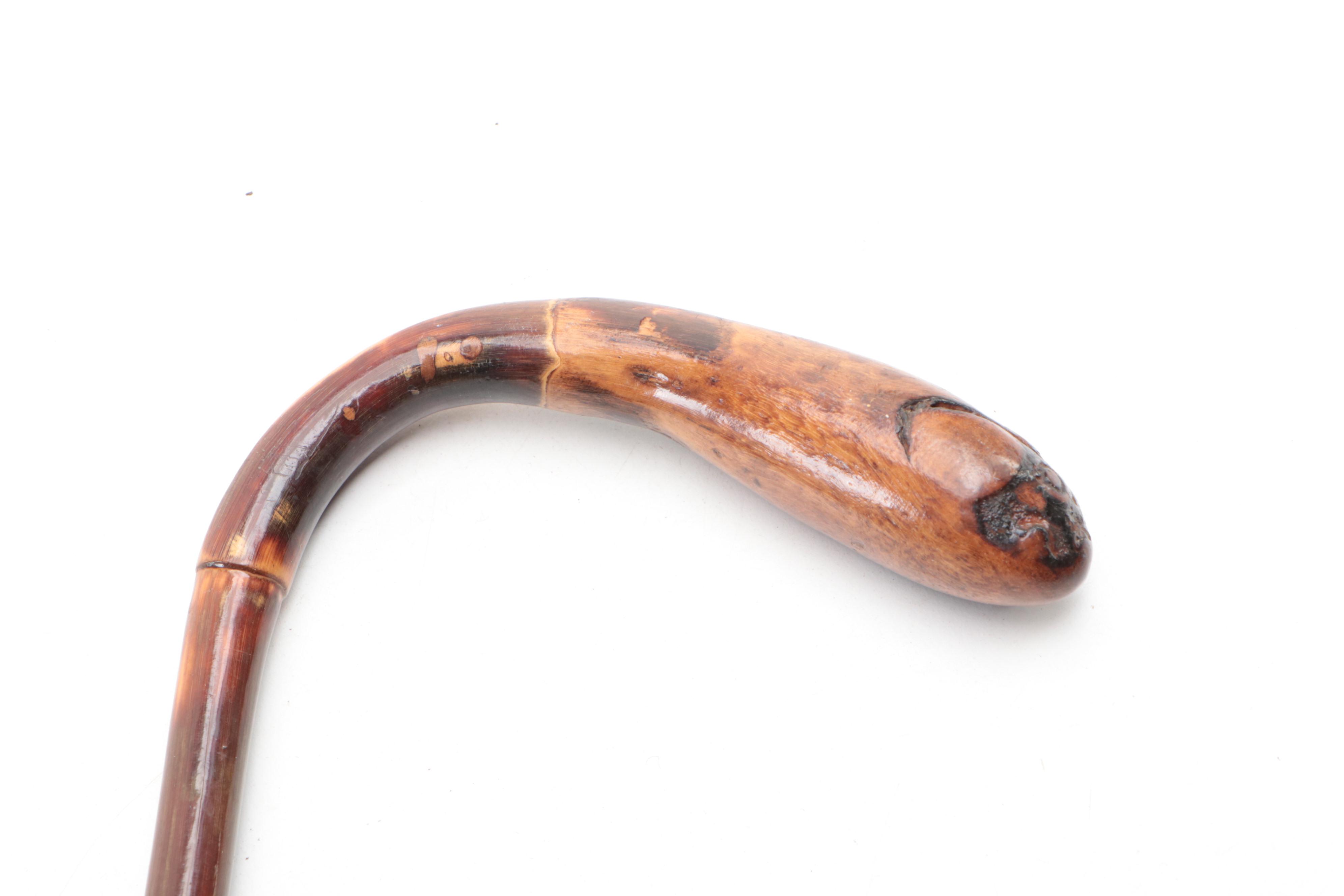 Carol Joos Signed Hand-Carved Walnut Bowl with More Wood Bowls and Walking Stick