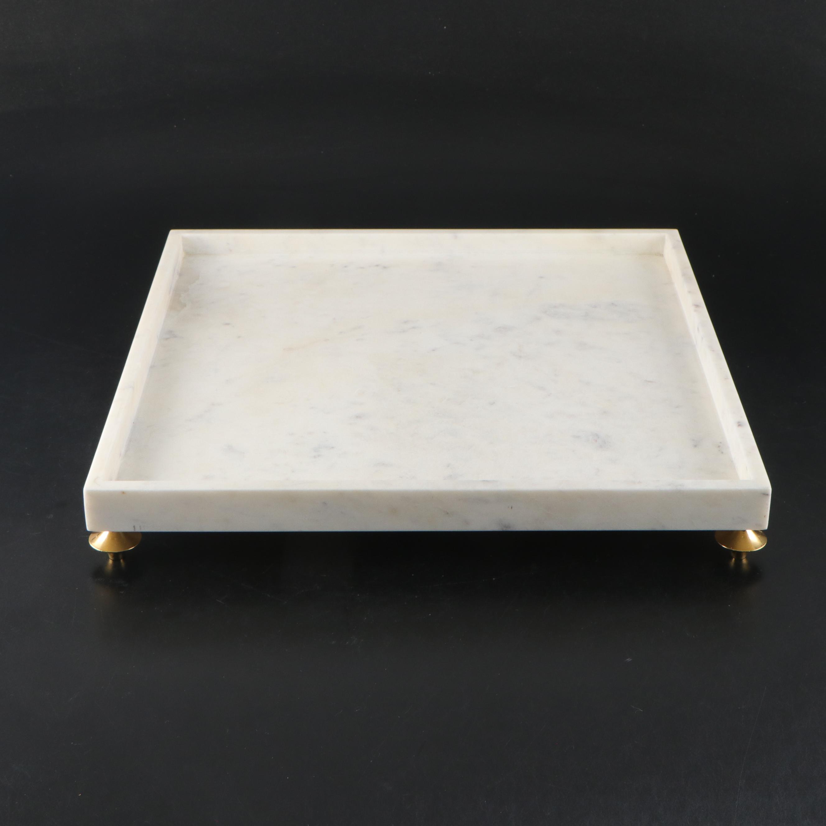 Tanner Kenzie Faceted Marble and Brass Accent Table Lamp with Marble Footed Tray