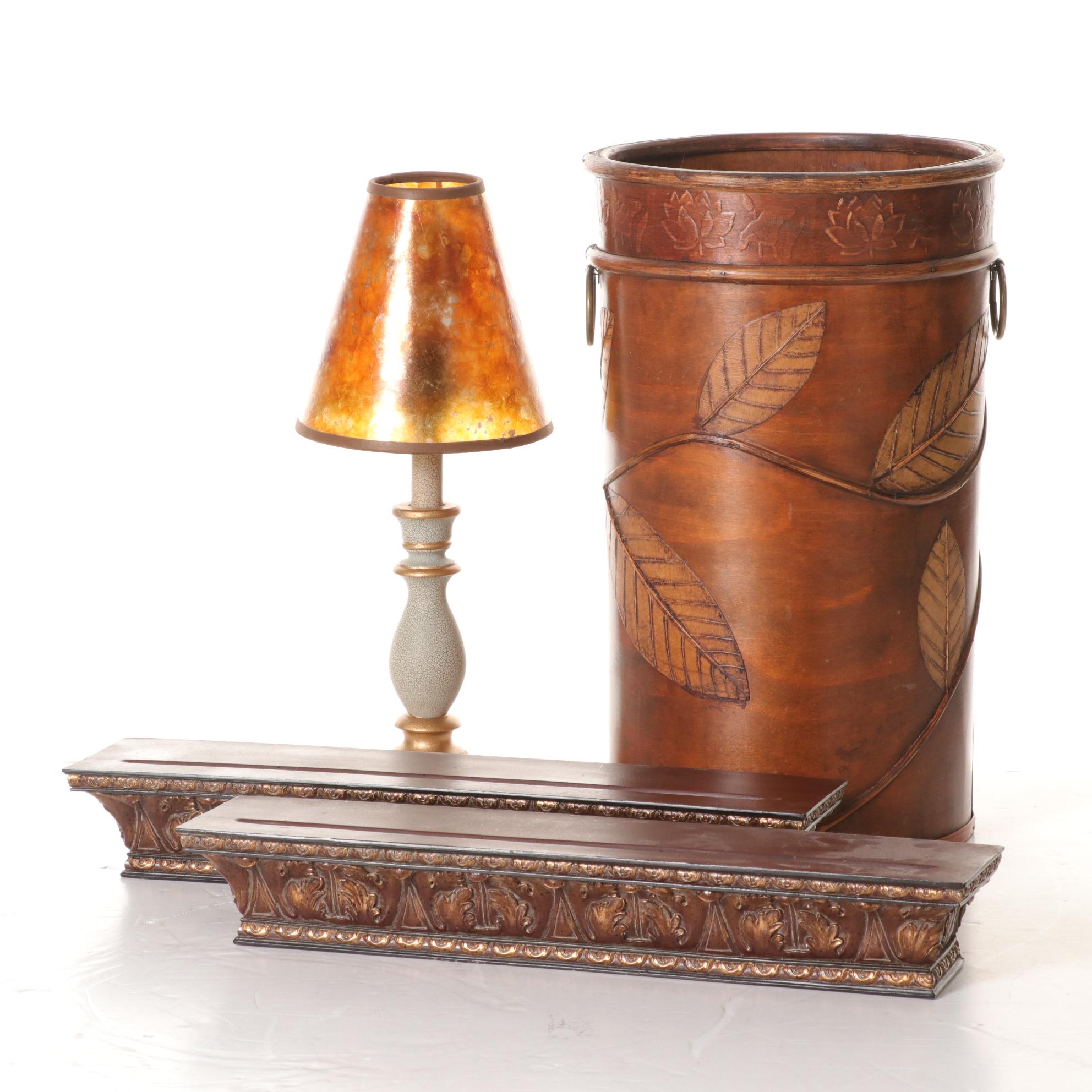 Gilded Table Lamp, Pair of Plate Rack Wall Shelves, and Umbrella Stand ...
