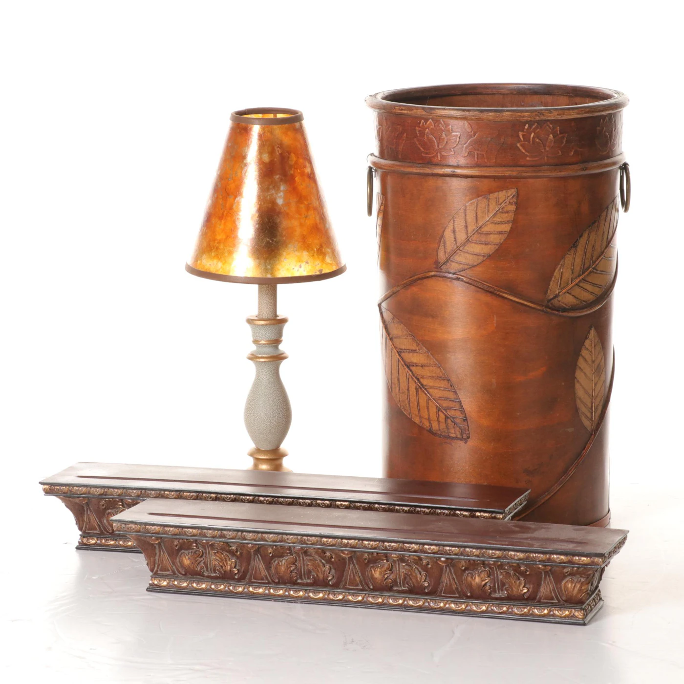 Gilded Table Lamp, Pair of Plate Rack Wall Shelves, and Umbrella Stand ...