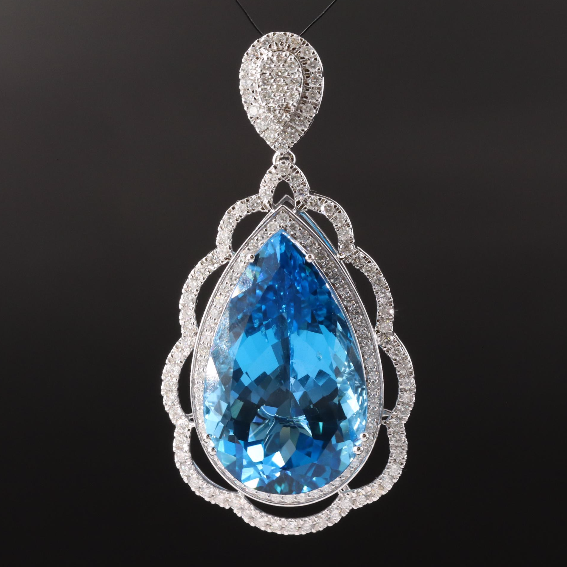 14K 57.72 CT Swiss Blue Topaz and 2.55 CTW Diamond Pendant