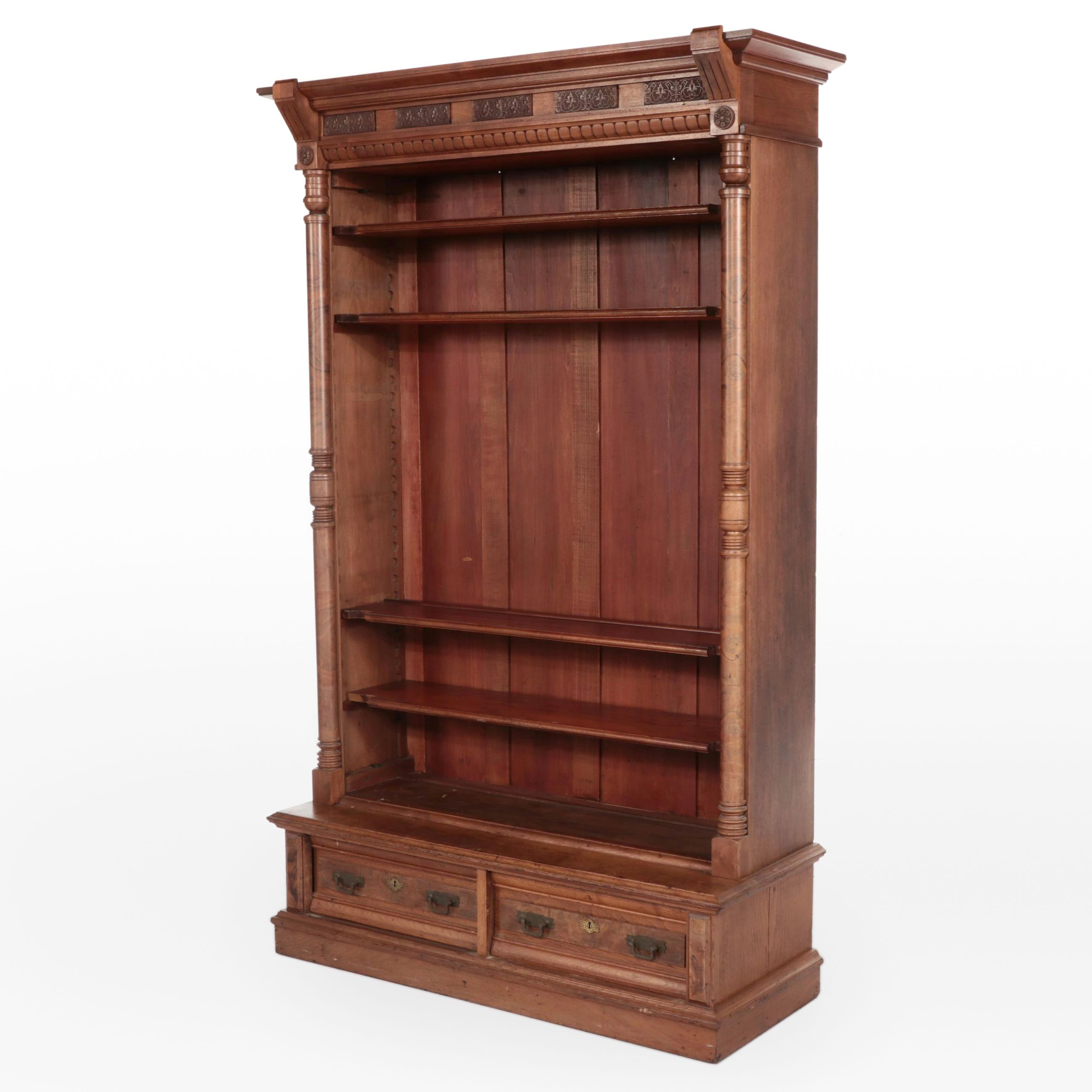 Victorian Carved Walnut and Burl Wood Cabinet Bookcase, 19th Century