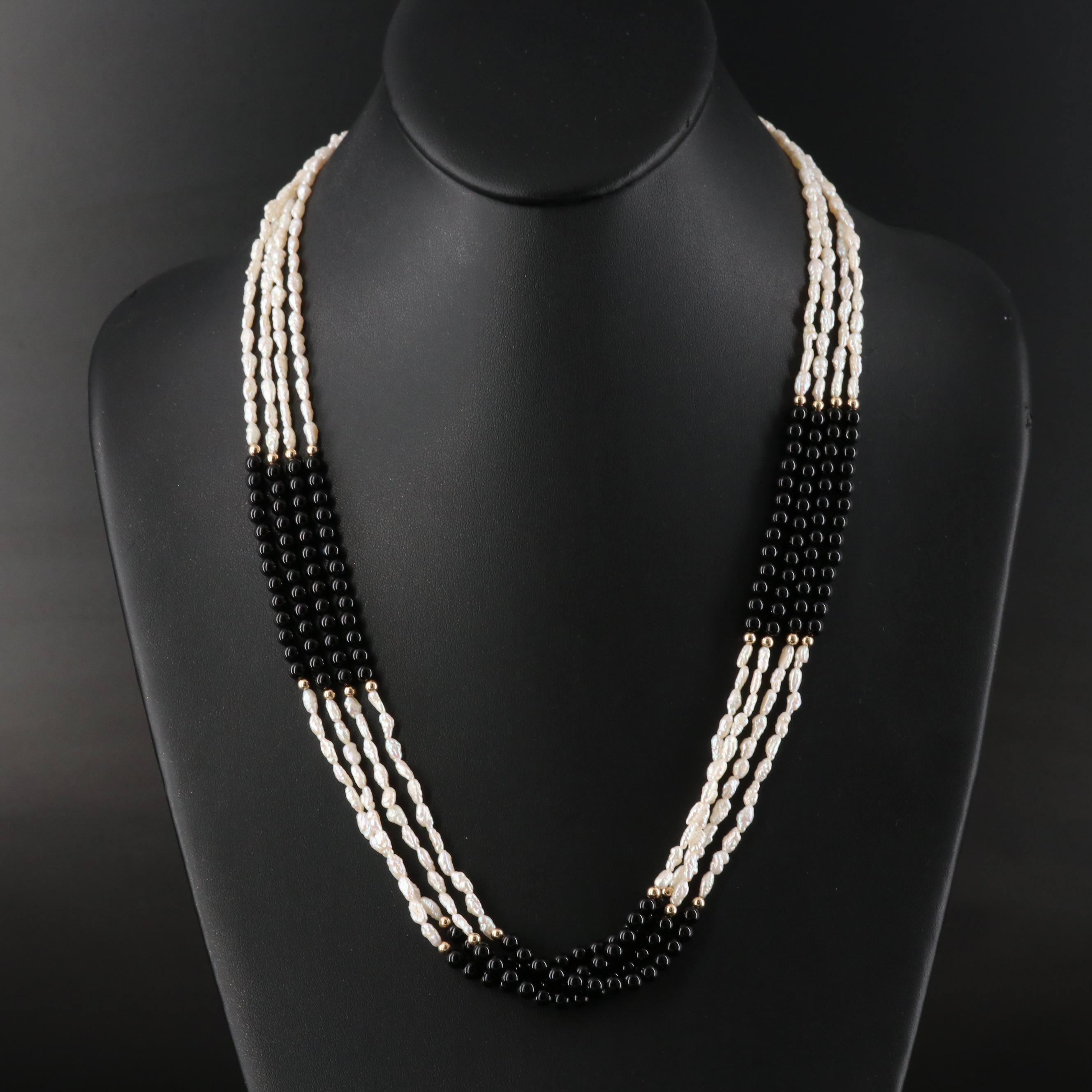 Black Onyx and Pearl Torsade Necklace with 14K Clasp