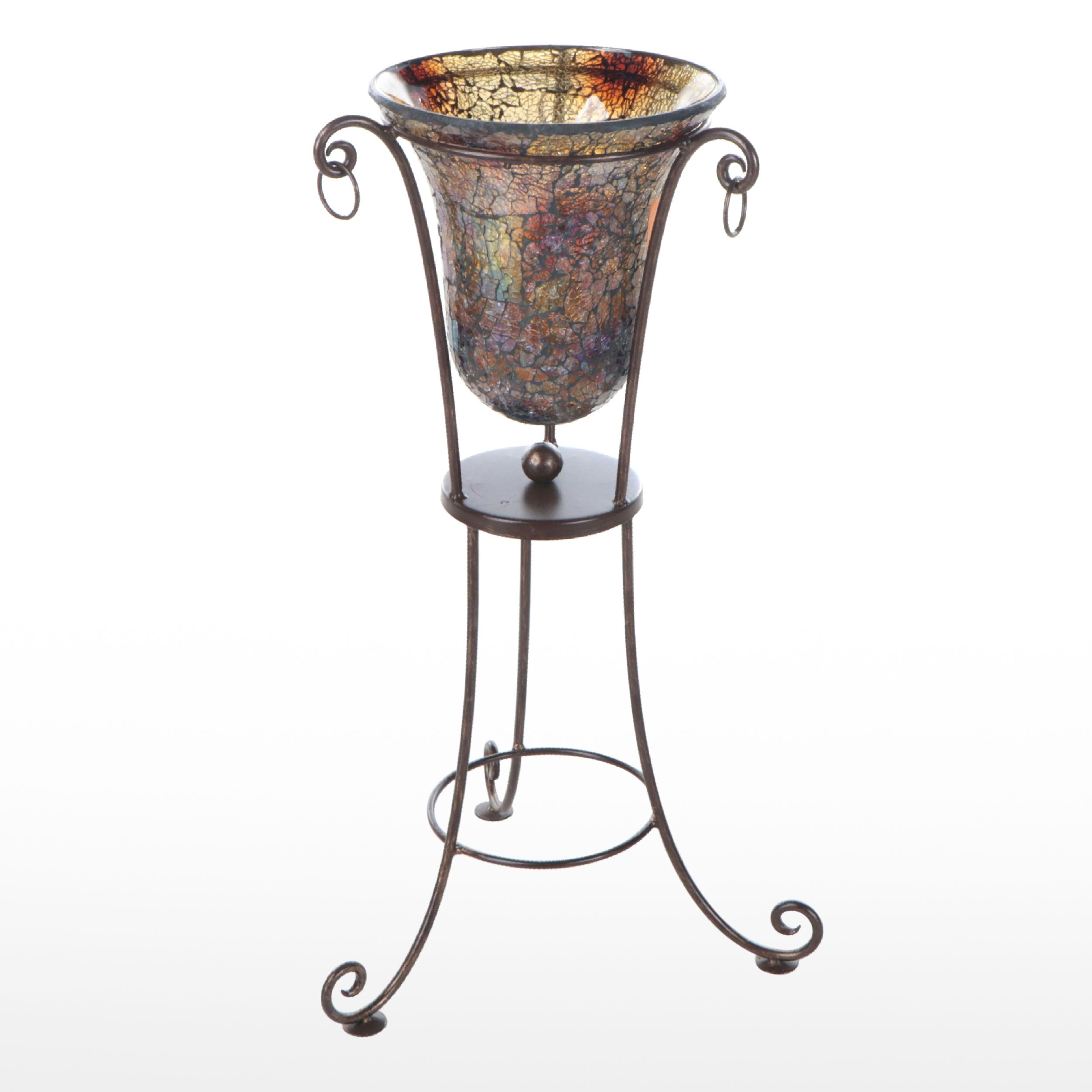 Crackle Amber Glass Vase in Metal Tripod Stand