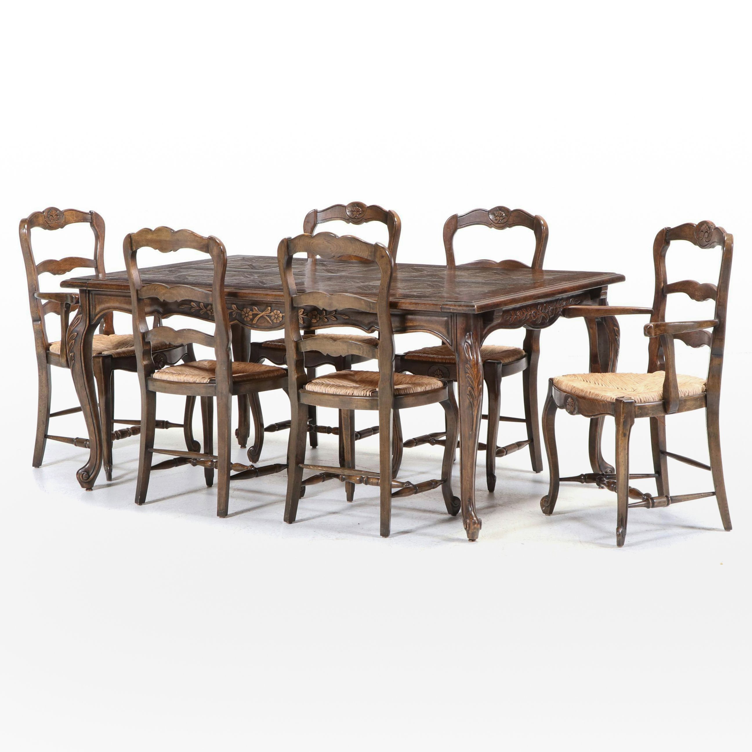 Seven-Piece Louis XV Style Oak, Beech, and Parquetry-Top Dining Set