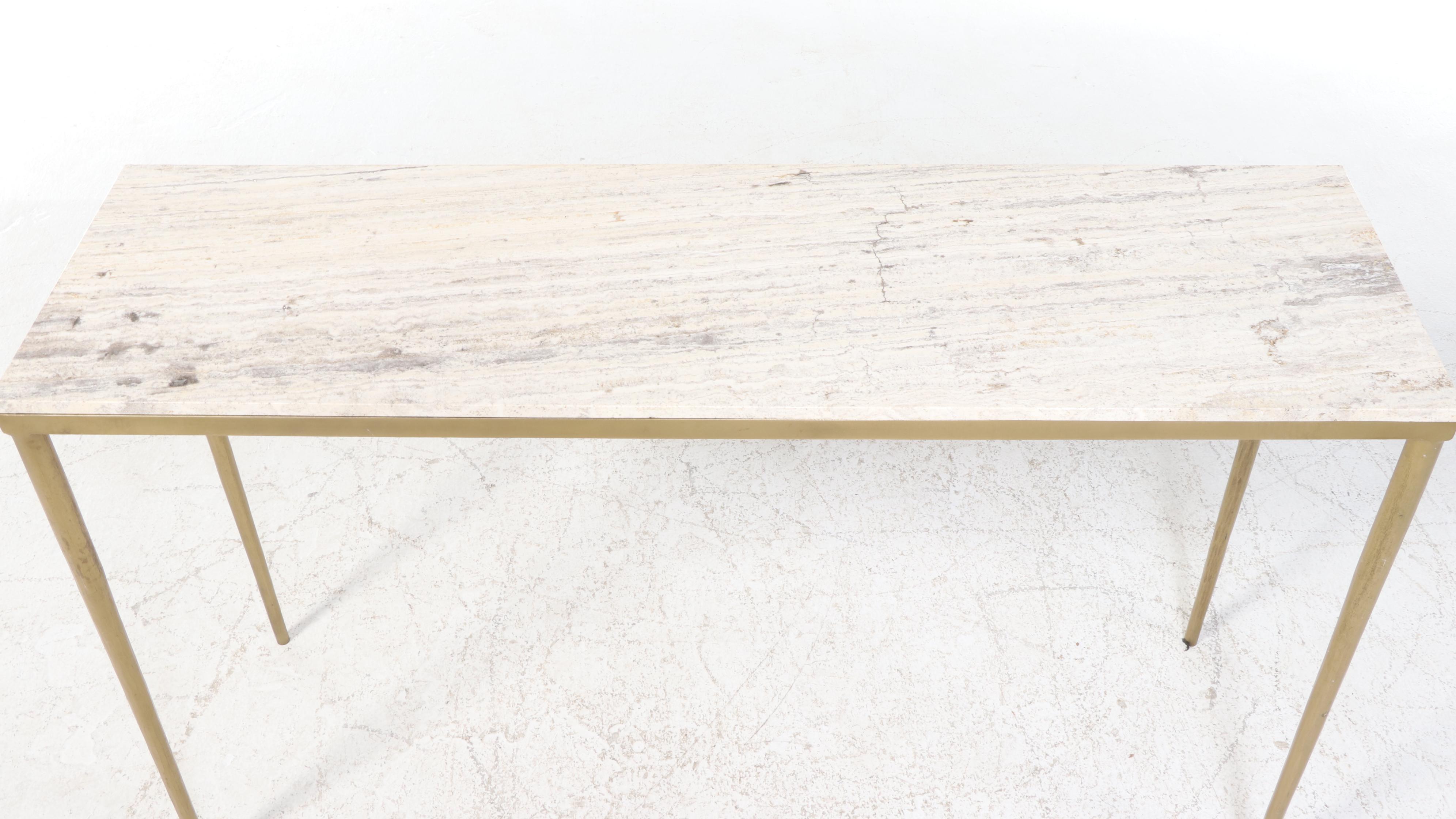 Modernist Travertine Top Gold Tone Metal Hall Table