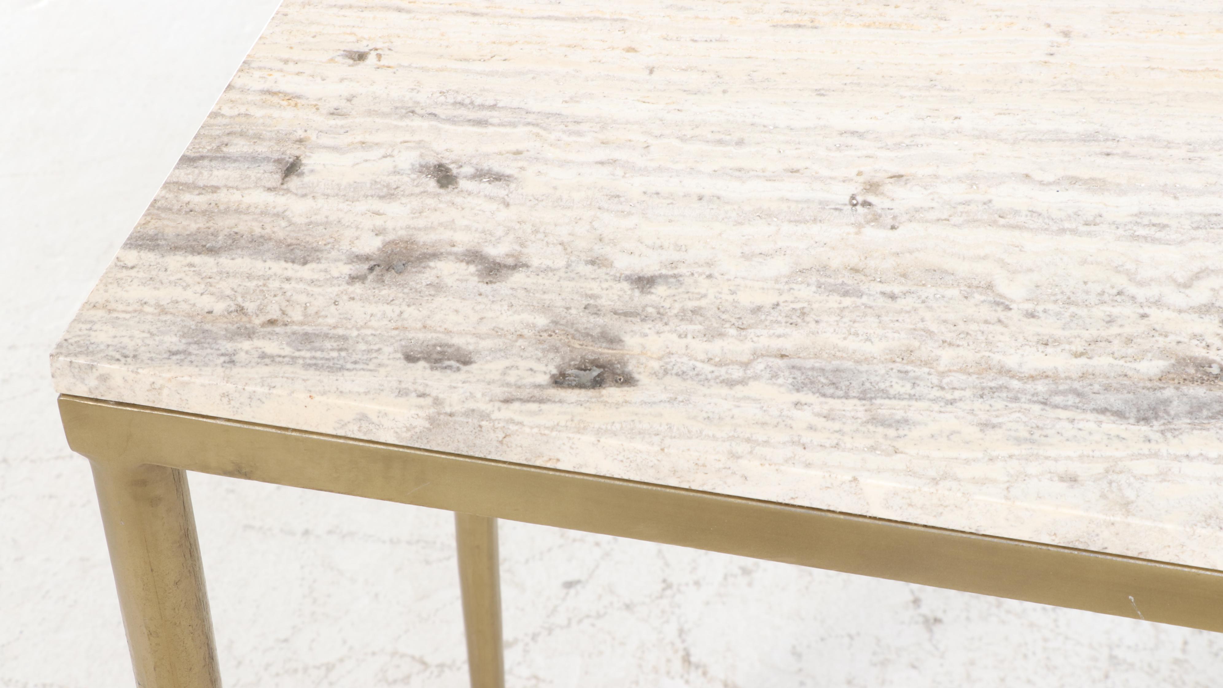 Modernist Travertine Top Gold Tone Metal Hall Table