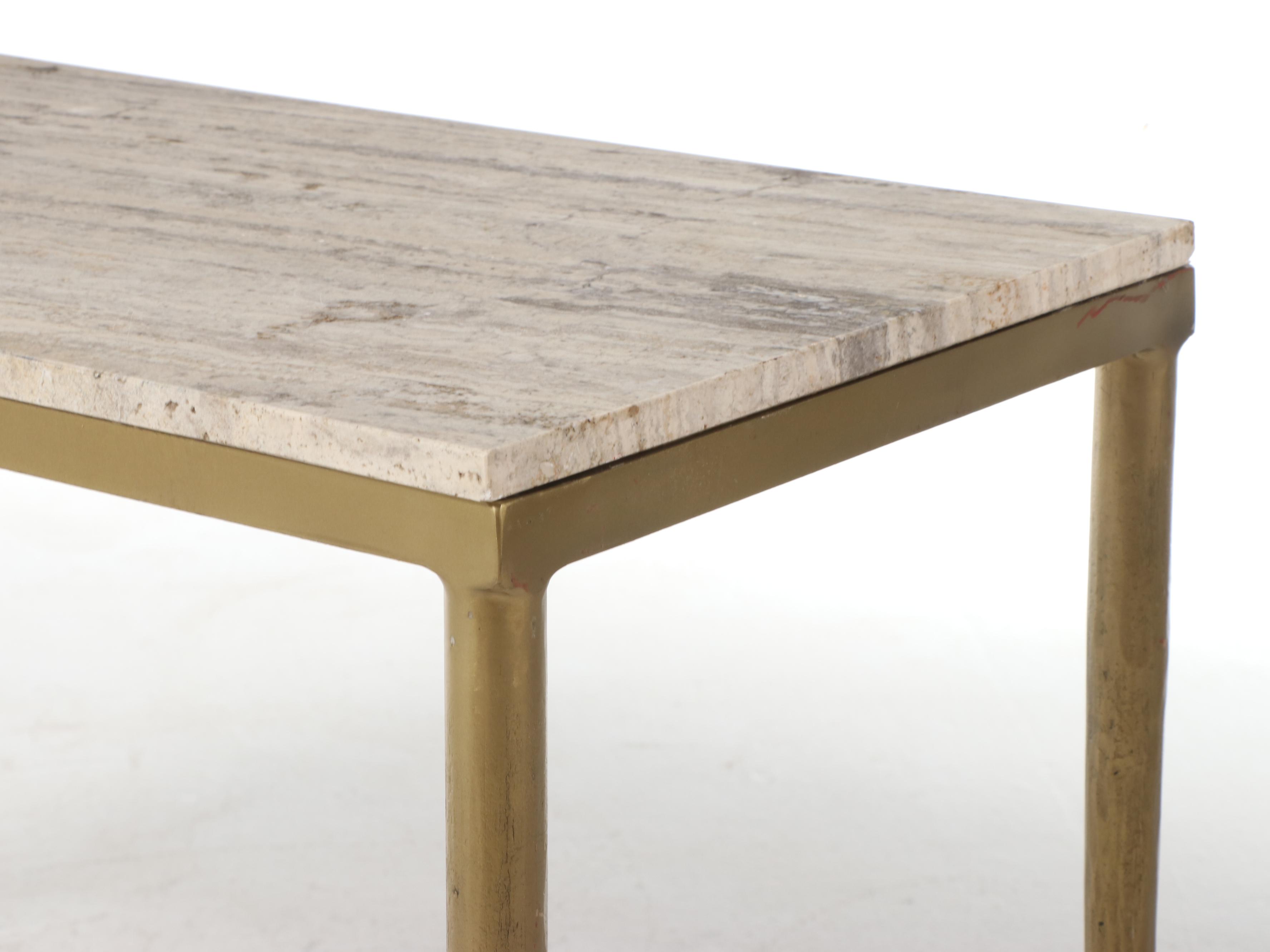 Modernist Travertine Top Gold Tone Metal Hall Table
