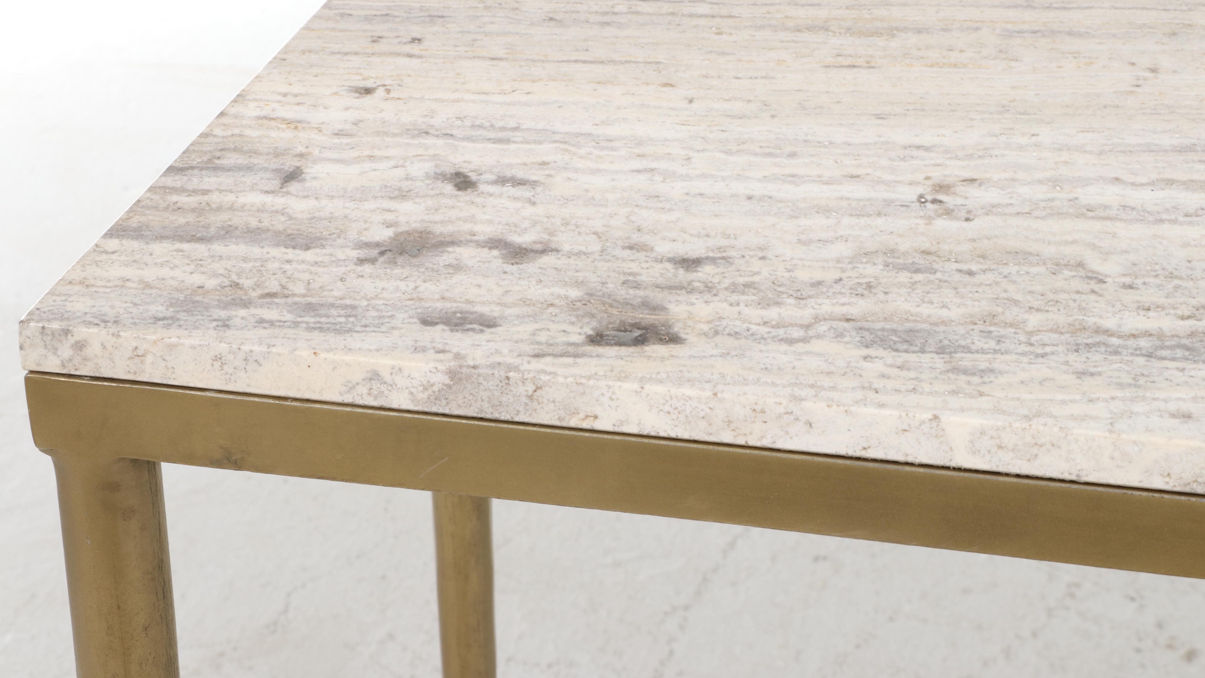 Modernist Travertine Top Gold Tone Metal Hall Table