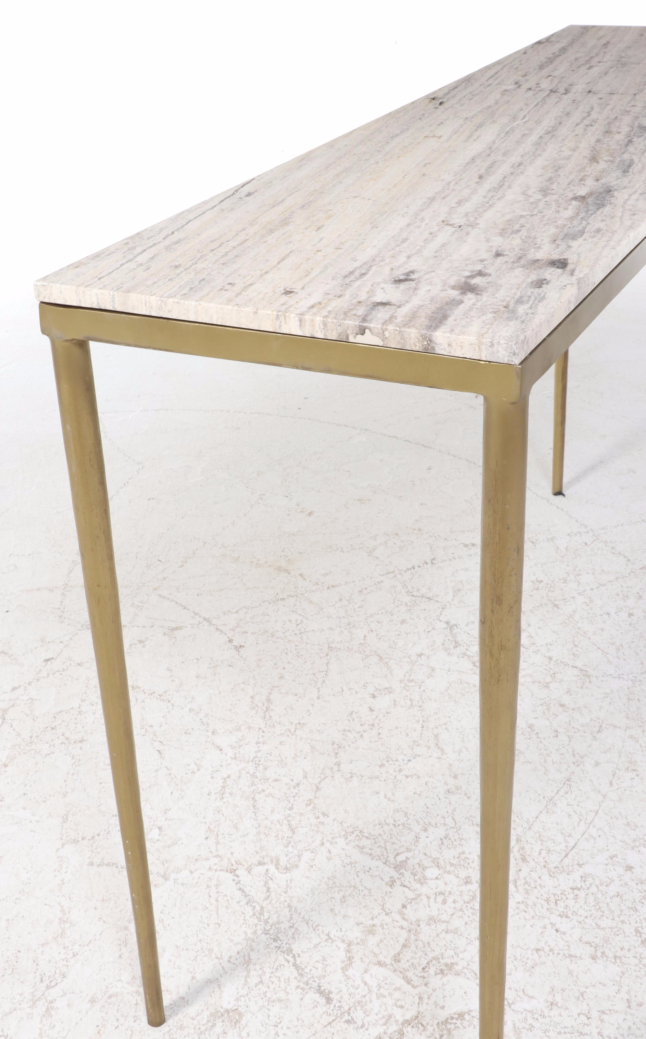 Modernist Travertine Top Gold Tone Metal Hall Table