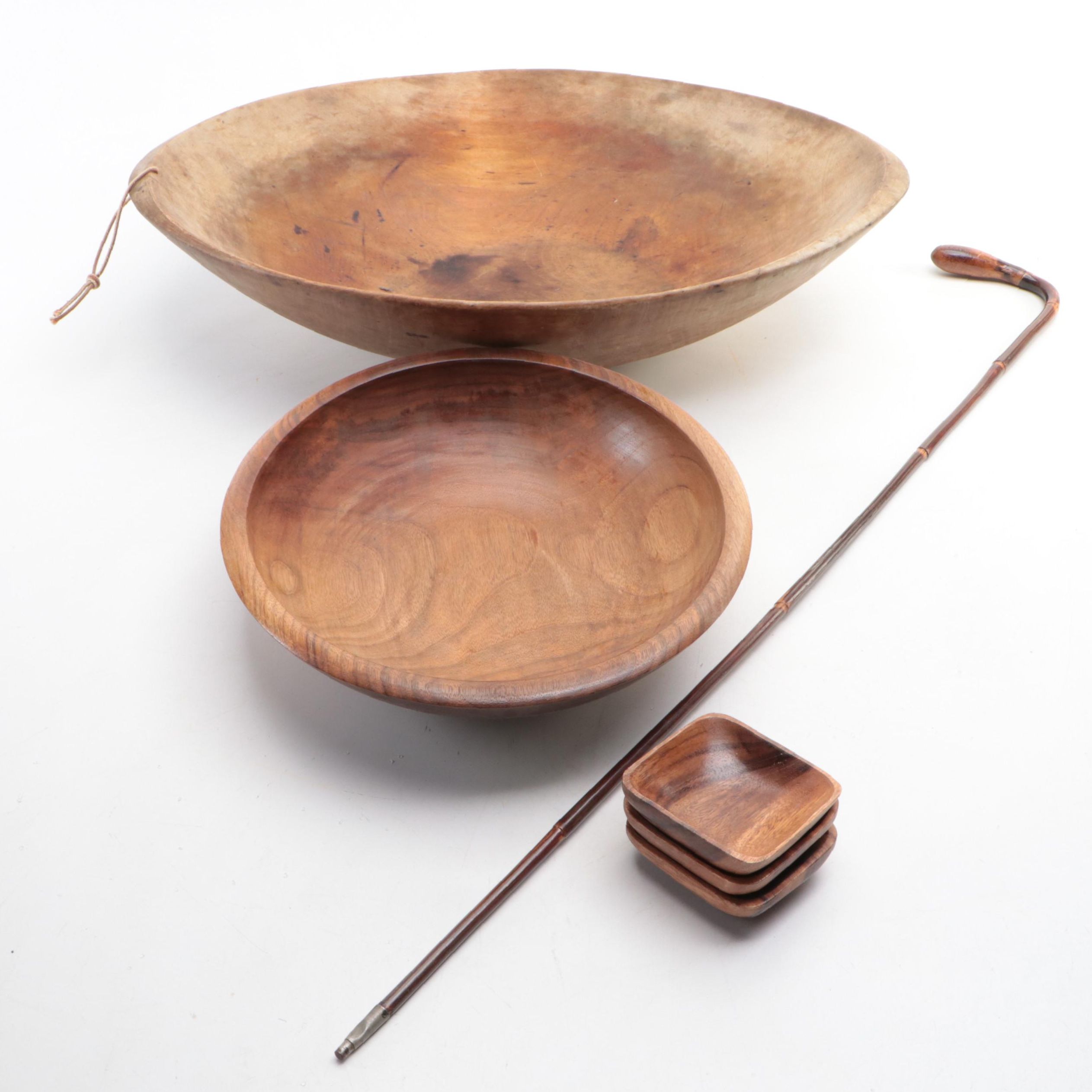 Carol Joos Signed Hand-Carved Walnut Bowl with More Wood Bowls and Walking Stick