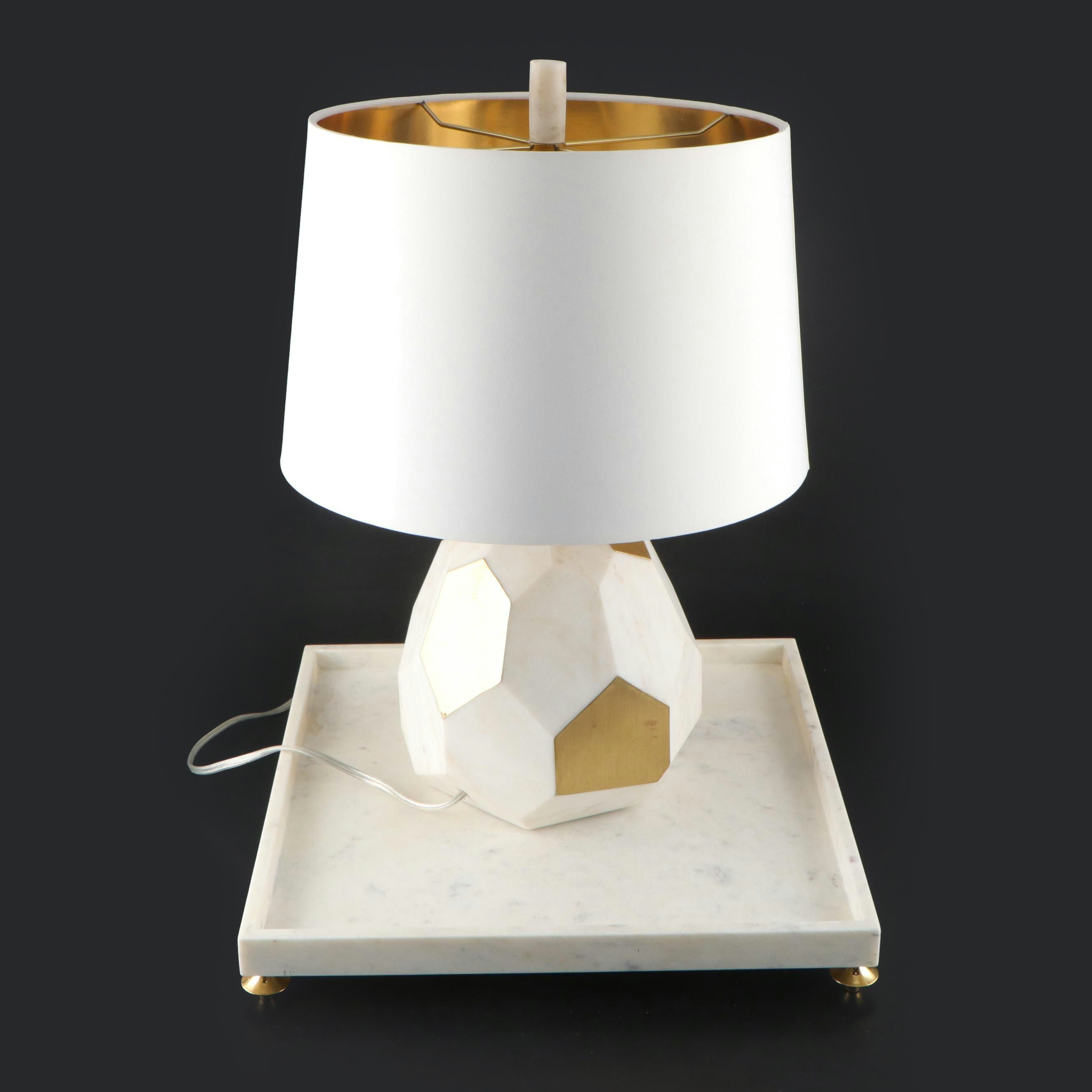 Tanner Kenzie Faceted Marble and Brass Accent Table Lamp with Marble Footed Tray