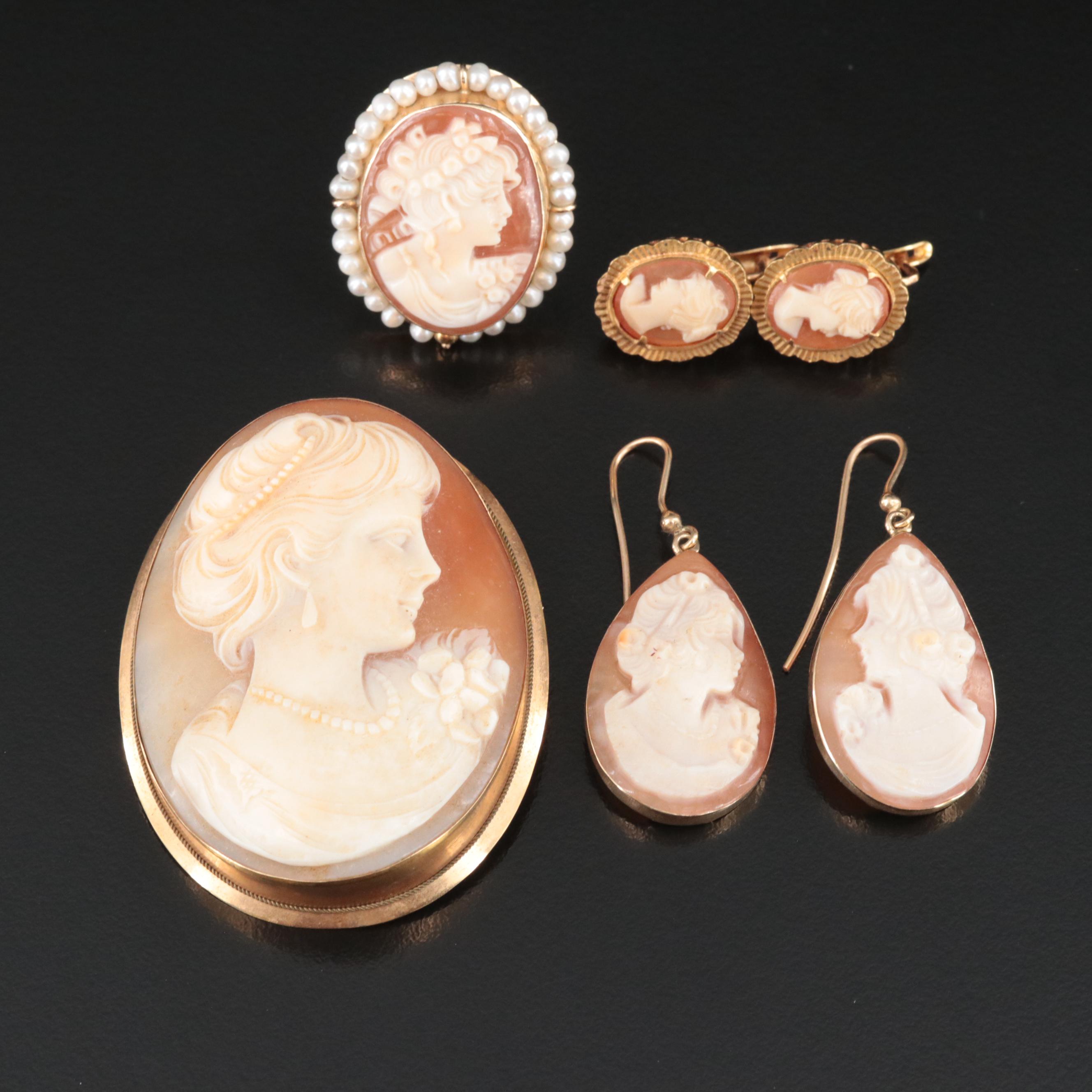 Vintage 14K and 18K Shell Cameo Jewelry Including Pearls